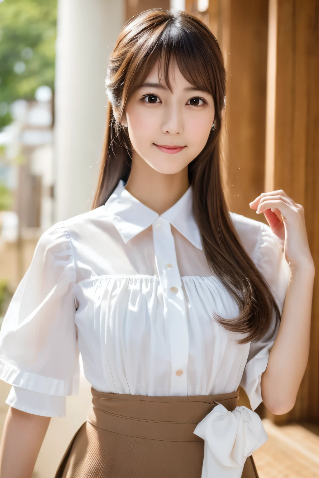 Masterpiece, high quality, high resolution, 8K, ((Skinny Japanese woman in a costume which consists of a short-sleeved white shirt and a light-brown long skirt)), beautiful face, natural makeup, detailed face, detailed eyes, a photo that feels endearing