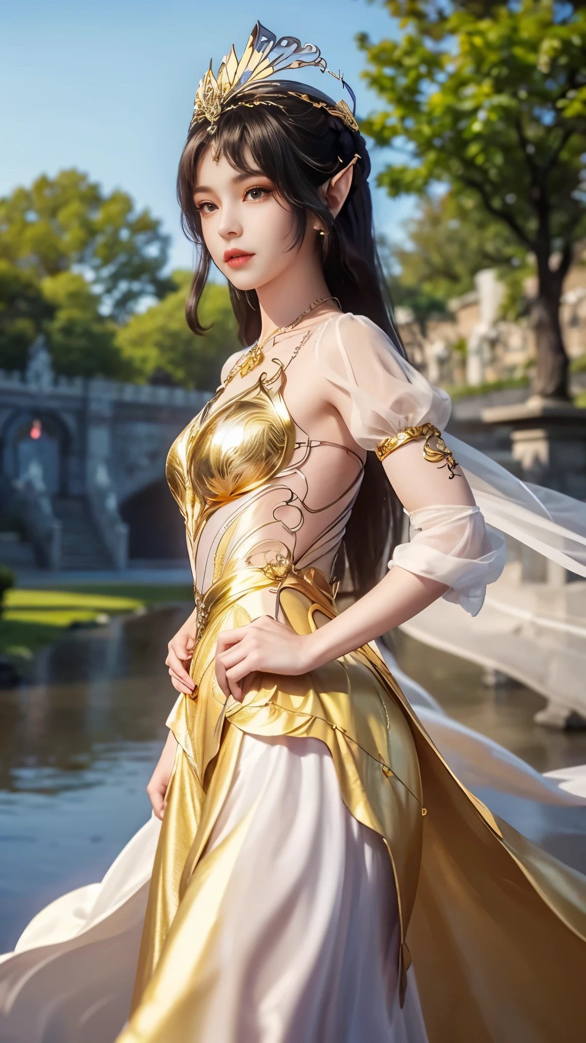 8k, masterpiece, a close up of a woman in a golden dress, perfect body, bare thigh, a beautiful fantasy empress, ((golden dress:1.5)), beautiful fantasy maiden, fantasy art style, trending on cgstation, beautiful and elegant elf queen, beautiful maiden, shining skin, intricate ornate anime cgi style, ((a beautiful fantasy golden empress)), beautiful alluring Realistic woman, shining skin, in the park, sun shining, Realistic shadow, front poses,