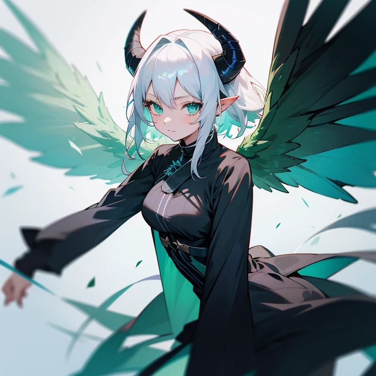 Anime, white hair, blue and green eyes, horns, wings, tail, girl, black clothes, looking at camera