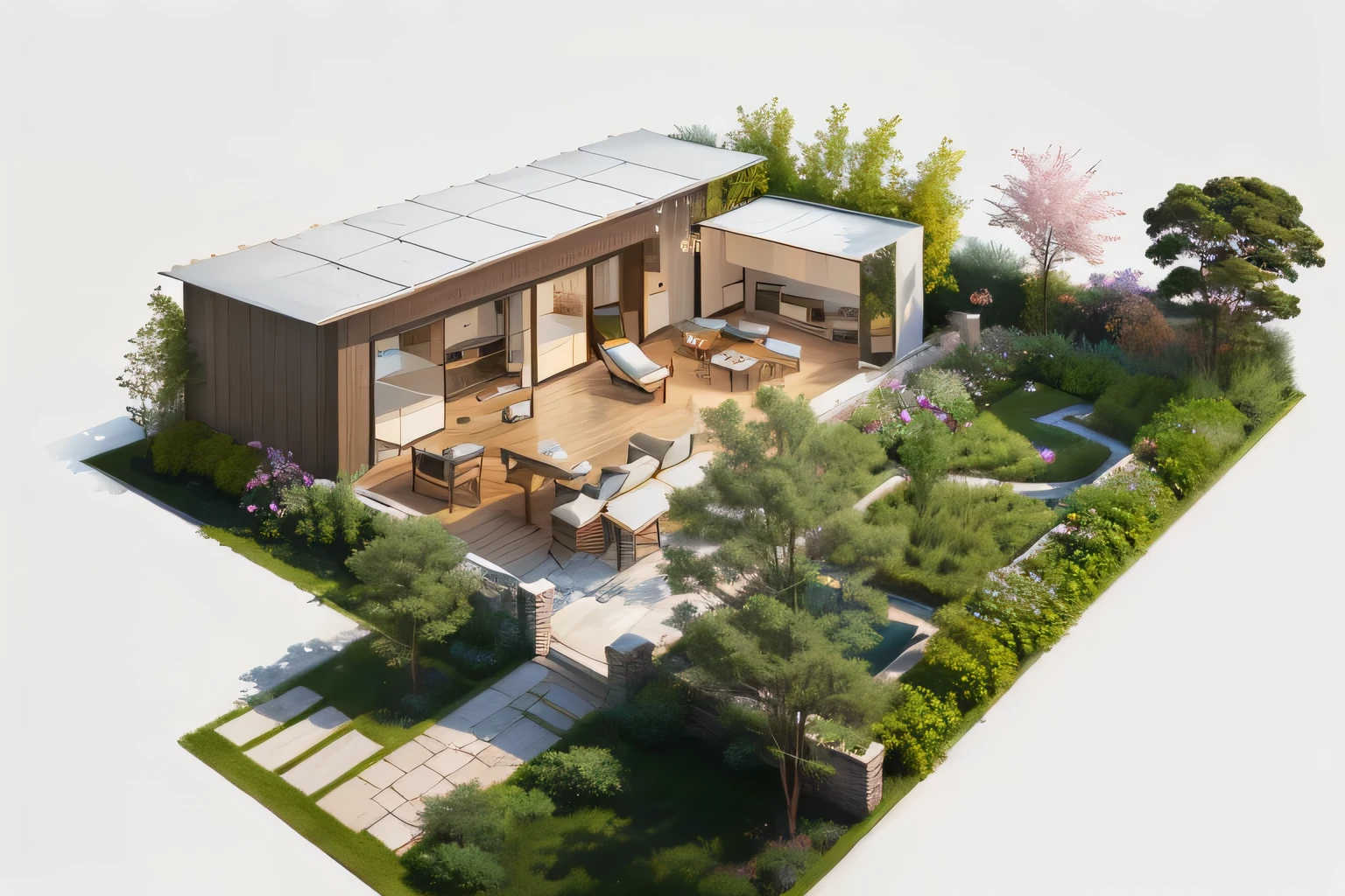 Rendering of a house with a garden and terrace,Chinese style, There is a barbecue in the garden、Tea table、Gazebo、Mahjong machine,Concept House, Rendering, Photos from 2022, Brightness Rendering, Zoom out, Brightness Renderinging, Spell Rendering, luxcore Rendering, The above points, hq very detailed, Wide Angle Exterior 2022, Highly photographic rendering, precise Architectural renderings, Fully detailed rendering, Architectural renderings