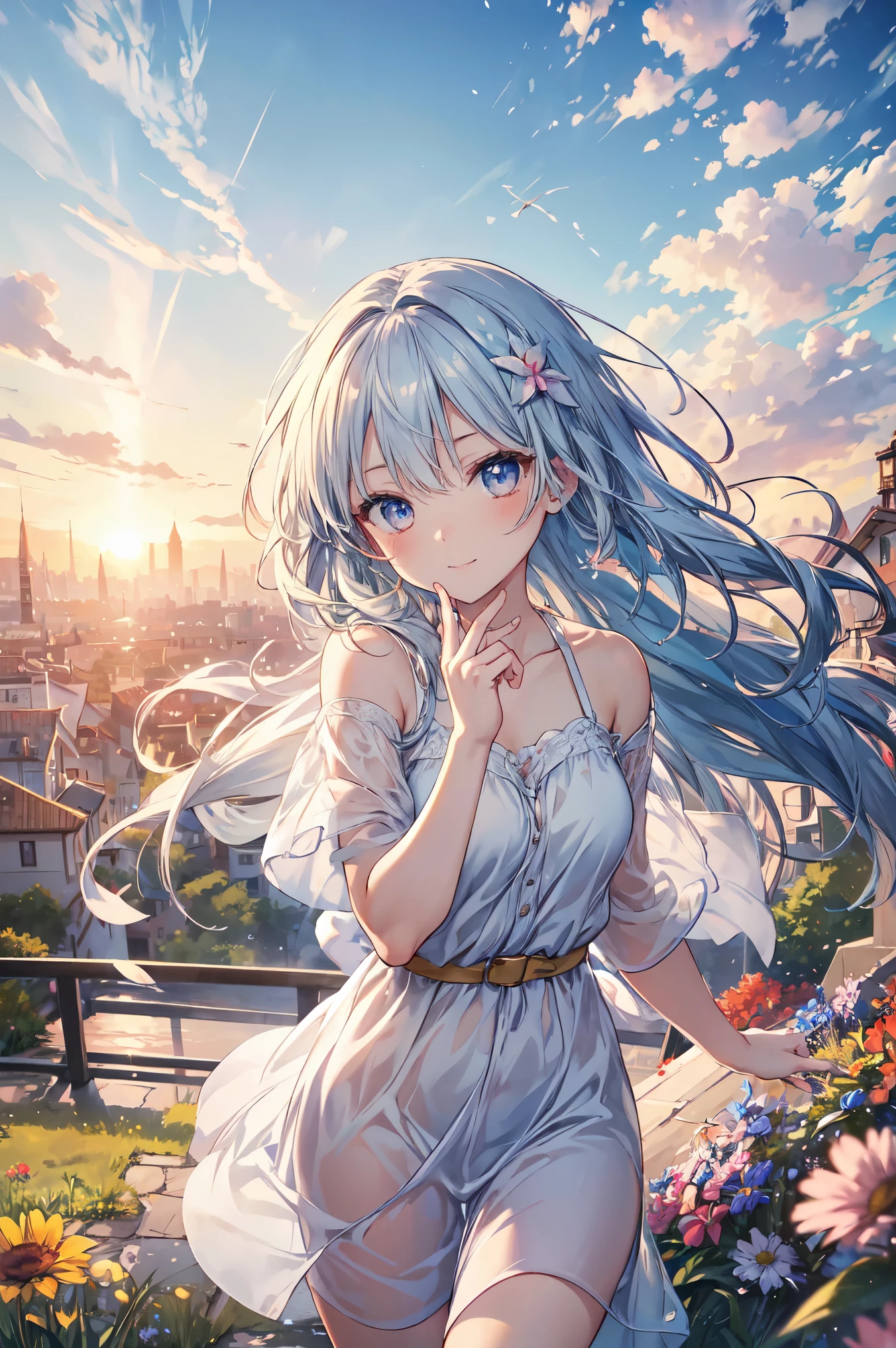 relaxing style, Warm atmosphere, masterpiece, highest quality, Very exquisite beautiful face and eyes, With a girl, Anime Style, Dynamic Angle, (Girl Looking at the Sky), (Comfortable wind and beautiful sky), spring, running, sun, Wildflowers, Relaxed smile, Distant townscape,
