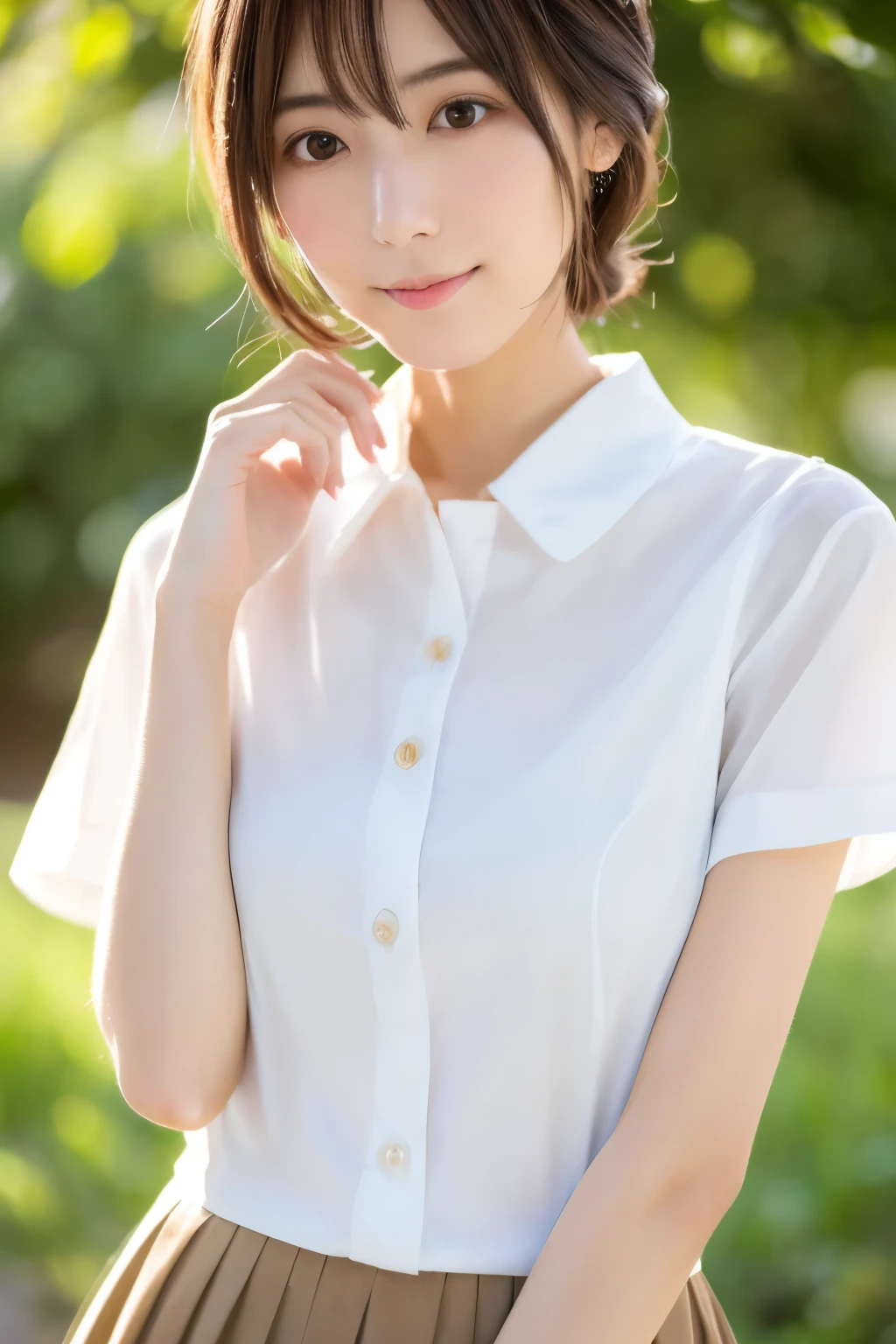 Masterpiece, high quality, high resolution, 8K, ((Skinny Japanese woman in a costume which consists of a short-sleeved white shirt and a light-brown long skirt)), beautiful face, natural makeup, detailed face, detailed eyes, a photo that feels endearing