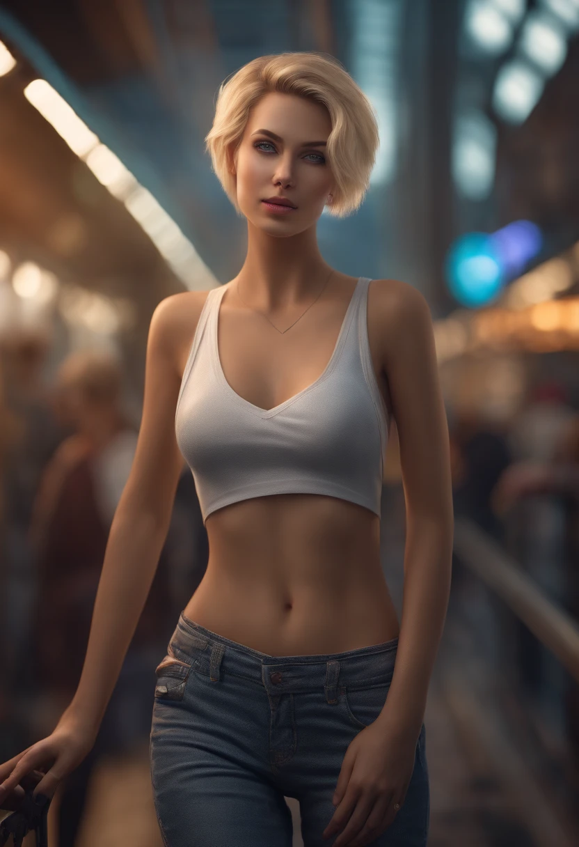 Gorgeous woman with short blonde hair, detailed attractive eyes, long sexy legs, tiny shorts, wearing t-shirt, ((detailed facial features)), (finely detailed skin), fair skin, realistic skin texture, extreme skin detail, (pores: 0. 1), beautiful futuristic cyberpunk city in background, Top quality masterpiece, photorealistic, surrealistic, detailed, 8K, HDR, (soft color: 1.2), shallow depth of field, wide light, high contrast, backlit, bloom, sparkling light, chromatic aberration, sharp focus, RAW color photo