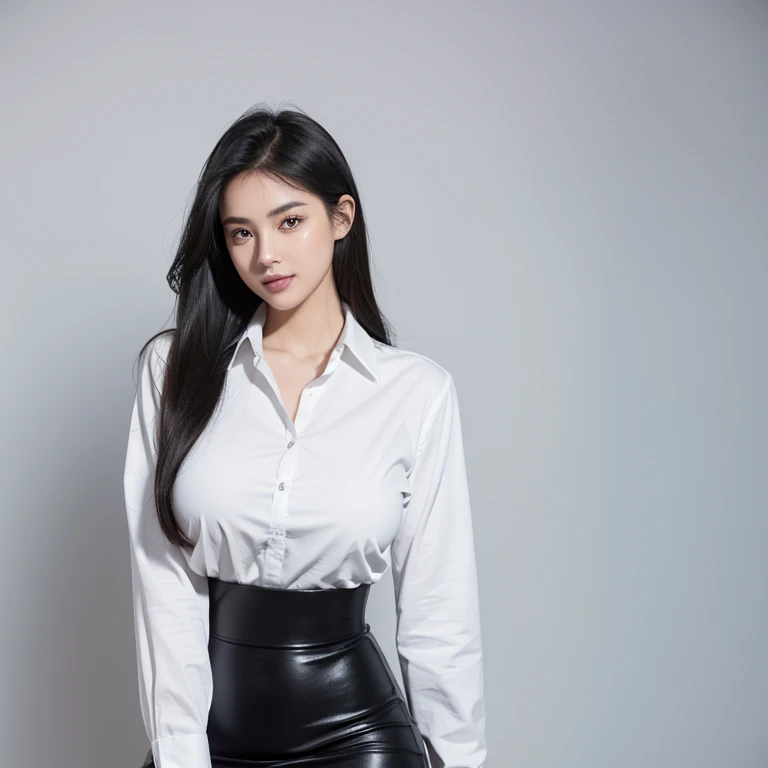 1 girl, standing , seductive smile, Highly detailed facial and skin texture, confident, sexy pose, full body, Solo, Waist up, Beautiful eyes, Close lips, Detailed face, Glowing black long hair, huge breasts, voluptuous, thicc, curvy, Long legs, wearing white Collared shirt on top with tight long black leather Midi skirt, dim light, ((plain background)), ((plain background)), (((empty background))) (((day)))