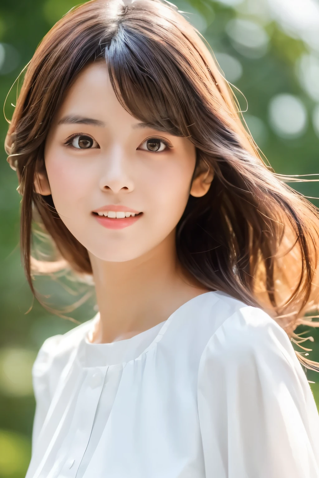 Masterpiece, high quality, high resolution, 8K, ((Skinny Japanese woman in a costume which consists of a short-sleeved white shirt and a light-brown long skirt)), beautiful face, natural makeup, detailed face, detailed eyes, a photo that feels endearing