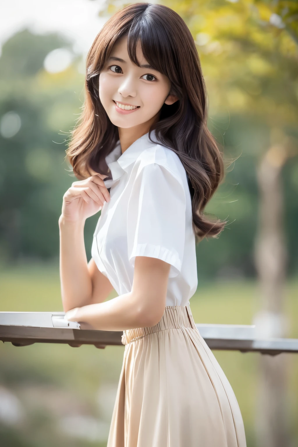 Masterpiece, high quality, high resolution, 8K, ((Skinny Japanese woman in a costume which consists of a short-sleeved white shirt and a light-brown long skirt)), beautiful face, natural makeup, detailed face, detailed eyes, a photo that feels endearing