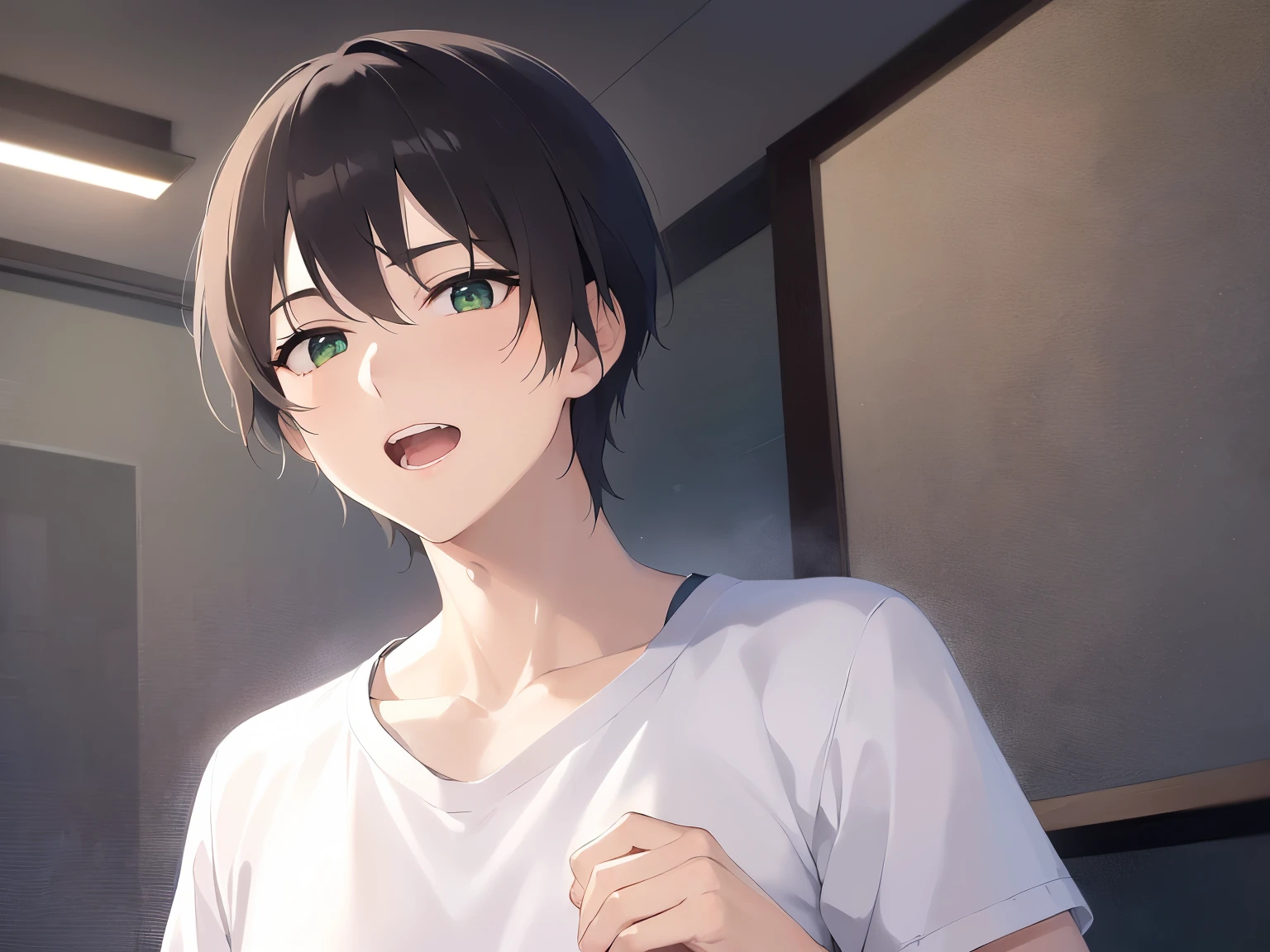 Shooting from below、forward hands、Biologically correct five fingerasterpiece、highest quality、(25-year-old male:1.5) and (Brown short hair) and (Green Eyes) , (White T-shirt) 、surprised、open mouth, The background is the living room at night、illumination、(Alone:1.5)、Upper body is shown、Are standing