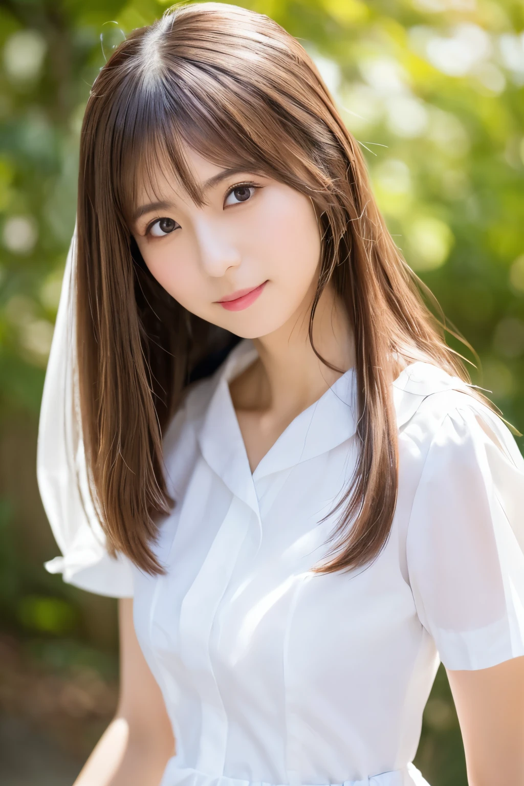 Masterpiece, high quality, high resolution, 8K, ((Skinny Japanese woman in a costume which consists of a short-sleeved white shirt and a light-brown long skirt)), beautiful face, natural makeup, detailed face, detailed eyes, a photo that feels endearing