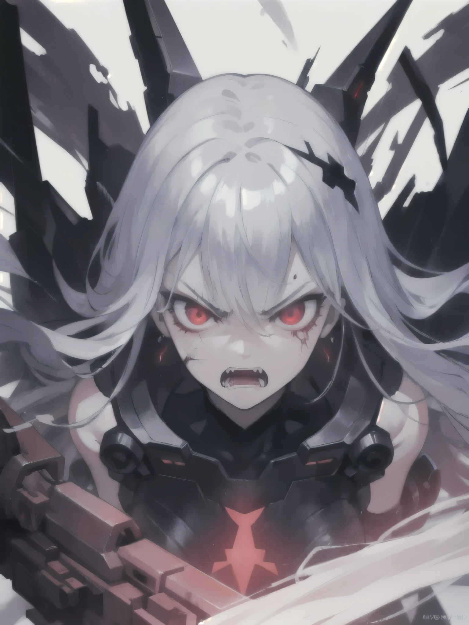 An absurd solution、High resolution、(masterpiece:1.4)、Ultra-detailed、The character has mechanical prosthetic limbs.、cyber punk、Pipe Routing、Pipes are connected to the body、Protruding veins、Cosmoasterpiece, accelerator_WS, (Angry face:1.2), Roar,shout, Red eyes glow, Close-up shot,Body Damage,Berserk、Broken Body、 Swirling Wind, Lightning appears around the character., Complex background of the night, Very detailed, Cloudy, dim, High resolution, Vignette, Dirty