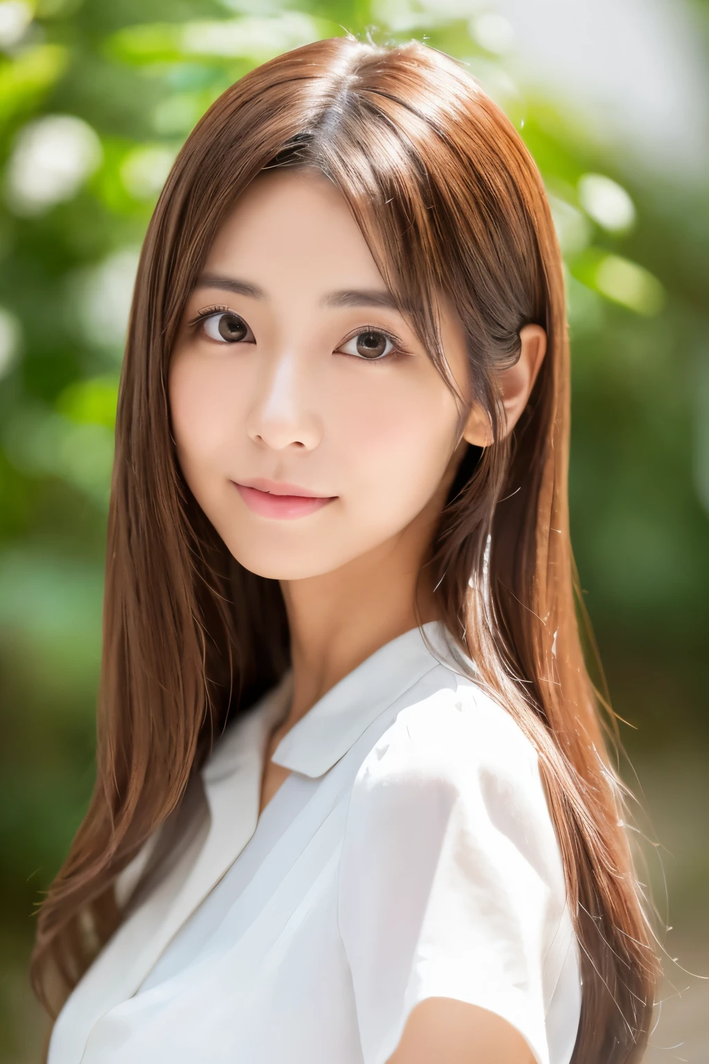 Masterpiece, high quality, high resolution, 8K, ((Skinny Japanese woman in a costume which consists of a short-sleeved white shirt and a light-brown long skirt)), beautiful face, natural makeup, detailed face, detailed eyes, a photo that feels endearing