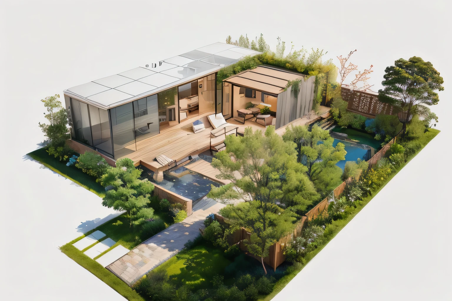 Rendering of a house with a garden and terrace,Chinese style, Concept House, Rendering, Photos from 2022, Brightness Rendering, Zoom out, Brightness Renderinging, Spell Rendering, luxcore Rendering, The above points, hq very detailed, Wide Angle Exterior 2022, Highly photographic rendering, precise Architectural renderings, Fully detailed rendering, Architectural renderings