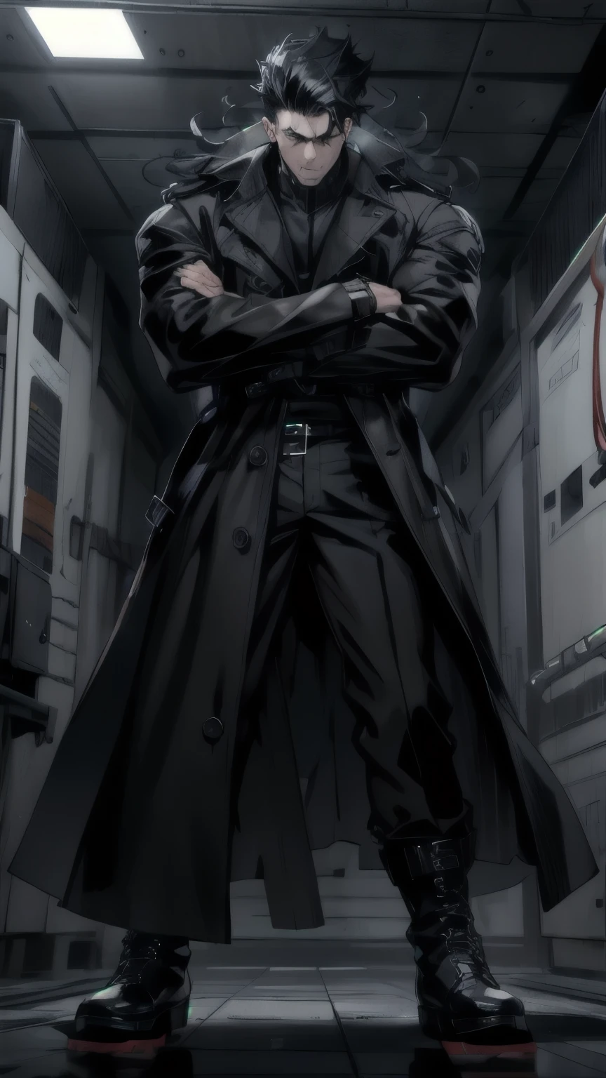 boys 26 Years old, Serious face, muscular, wearing high collar long trench coat, ((black shirt)), black pants, high cut boots, levitate on sky, cloud
