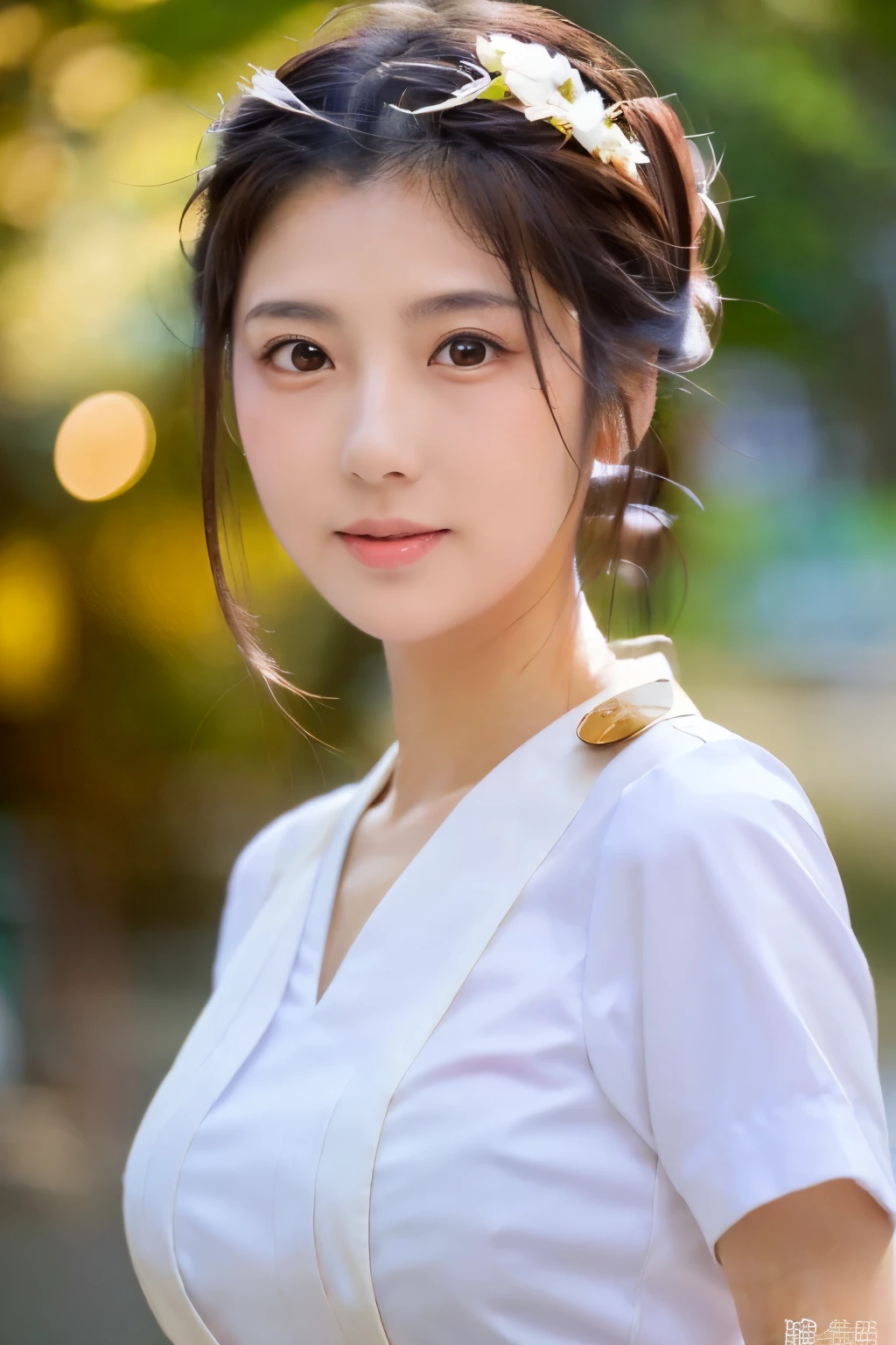 Masterpiece, high quality, high resolution, 8K, ((Skinny Japanese woman in a costume which consists of a short-sleeved white shirt and a light-brown long skirt)), beautiful face, natural makeup, detailed face, detailed eyes, a photo that feels endearing