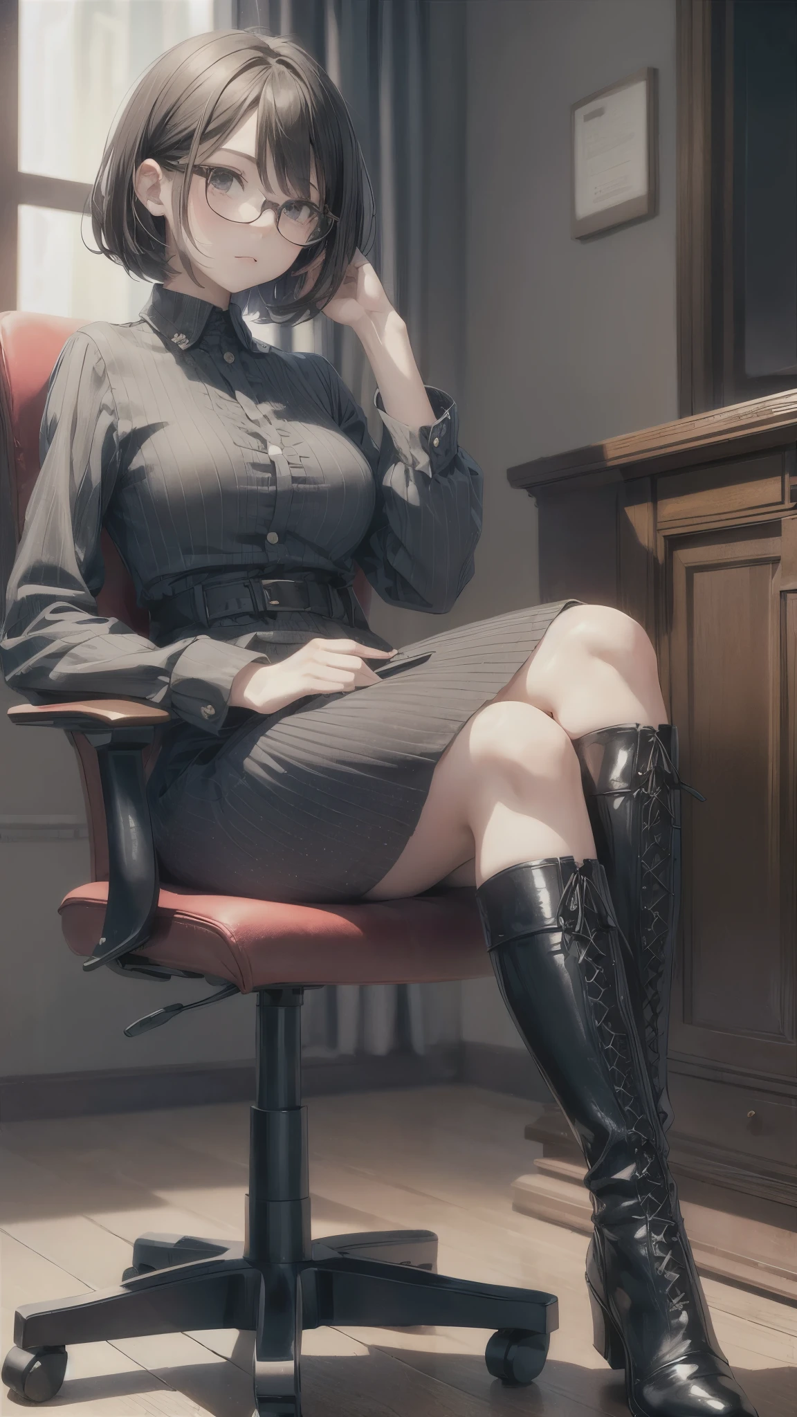 Hotel at night,Inside the room,whole body,30-year-old woman,office lady,Slender body,she wears heavy makeup,She wears glasses,Brown short bob hair,anger,Glare,strict,Sitting in a chair,脚を大きく広げてSitting in a chair,(She is wearing a maxi-length gothic dress..,short boots)