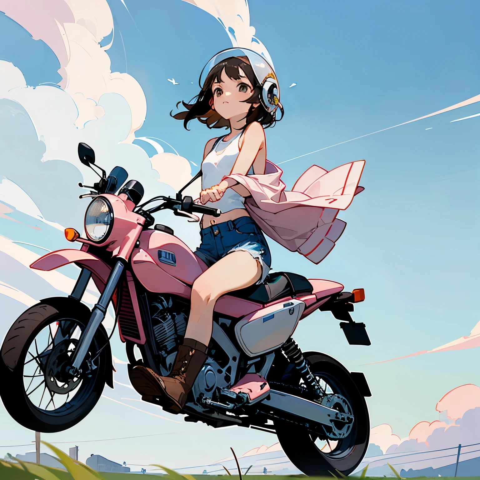 Highest quality、A girl is riding a white Super Cub、Dark brown short cut、(He is wearing a jet helmet with white and black lines running down the center of the helmet from front to back.、White tank top、Pink jacket、Denim shorts、White knee-high socks、Brown work boots:1.3)、Japanese countryside scenery、Road beside the stream、Small creek、Dirt Road、Weeds grow along the side of the road、Blue sky、White clouds floating、Early summer sky、