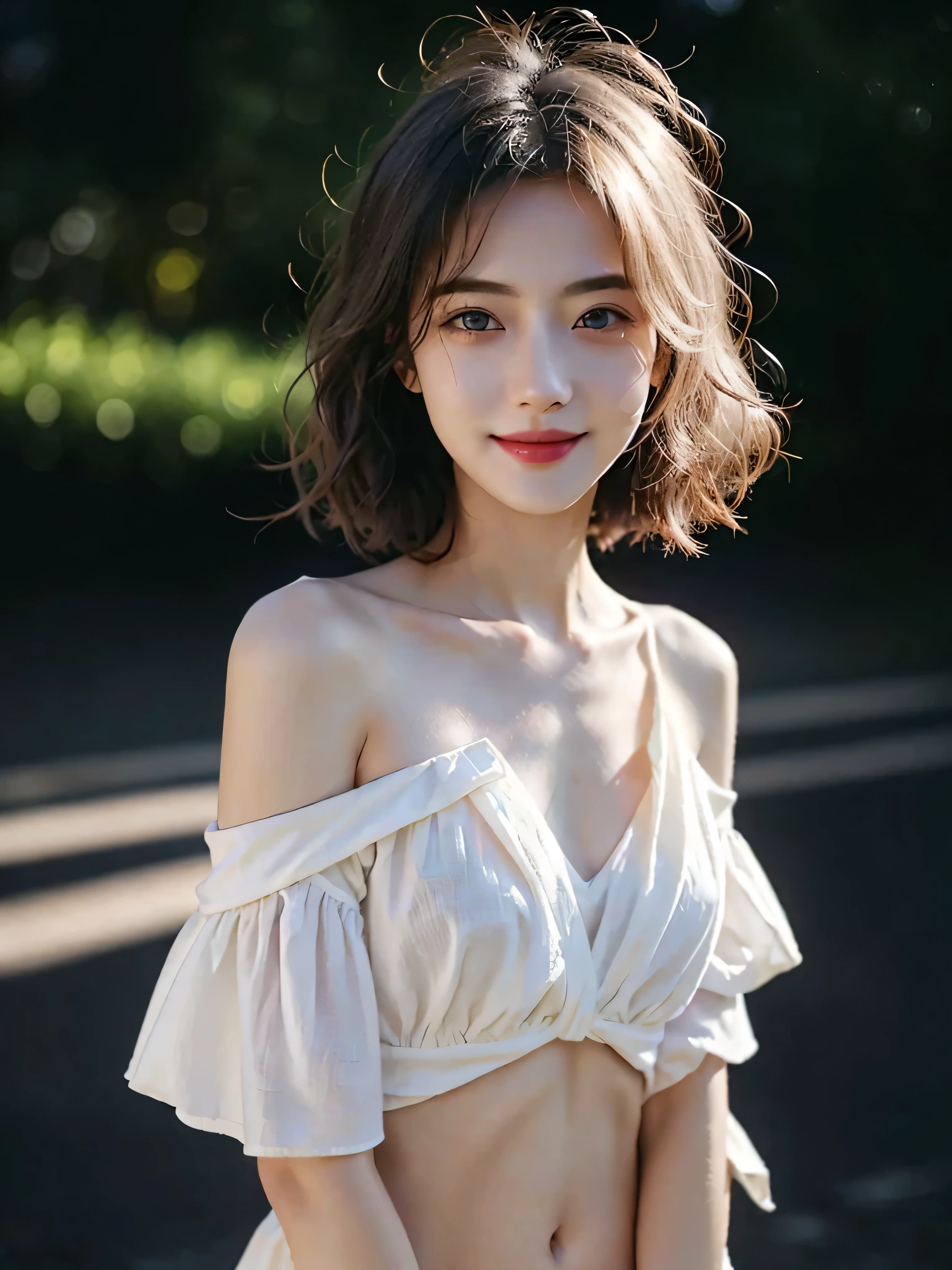 highest quality、masterpiece、Ultra-high resolution、(Photorealistic:1.5)、Raw photo、1 Girl、Off the shoulder、In the Dark、Deep Shadow、moderate、Cold Light、Sexy appearance、White Hair、Short wavy hair、Purple Eyes、A light smile、Average chest、navel,naked,