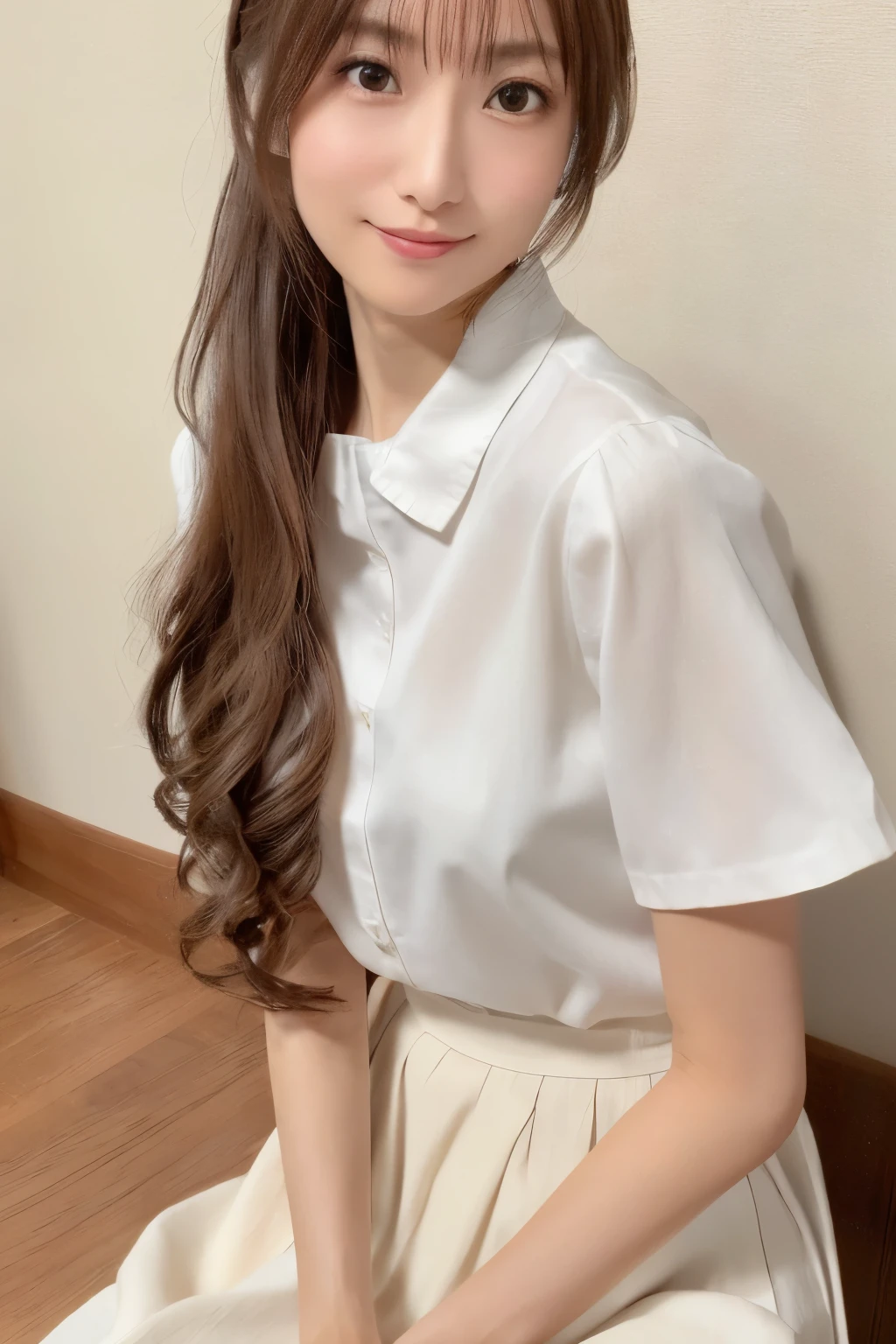 Masterpiece, high quality, high resolution, 8K, ((Skinny Japanese woman in a costume which consists of a short-sleeved white shirt and a light-brown long skirt)), beautiful face, natural makeup, detailed face, detailed eyes, a photo that feels endearing