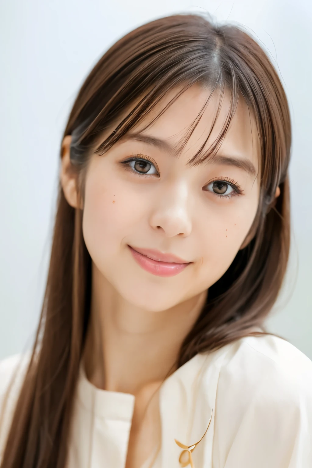 Masterpiece, high quality, high resolution, 8K, ((Skinny Japanese woman in a costume which consists of a short-sleeved white shirt and a light-brown long skirt)), beautiful face, natural makeup, detailed face, detailed eyes, a photo that feels endearing