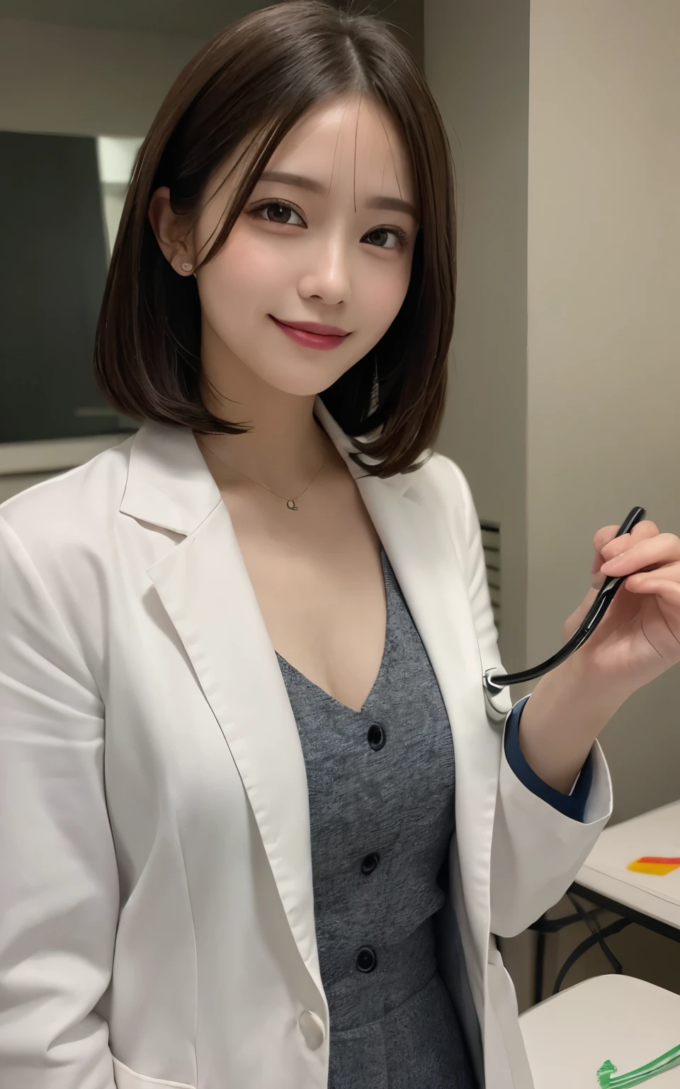 masutepiece, Best Quality, Illustration, Ultra-detailed, finely detail, hight resolution, 8K Wallpaper, Perfect dynamic composition, Beautiful detailed eyes, Doctor's attire,Bob Hair, mid-chest, Natural Color Lip, Random and sexy poses,Smile,20 years girl、Colossal 、Examination room、stethoscope