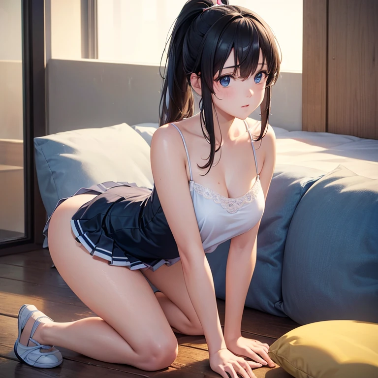 (best quality,4k,8k,highres,masterpiece:1.2),ultra-detailed,(realistic,photorealistic,photo-realistic:1.37),ponytail,black hair,high school girl,mini skirt,poolside, all fours,sunlight,bright colored clothes,slightly exposed necklin, White camisole、Blue lightly clench one hand、He holds out his slightly clenched hand towards me、Facing forward、Place a cushion under your body