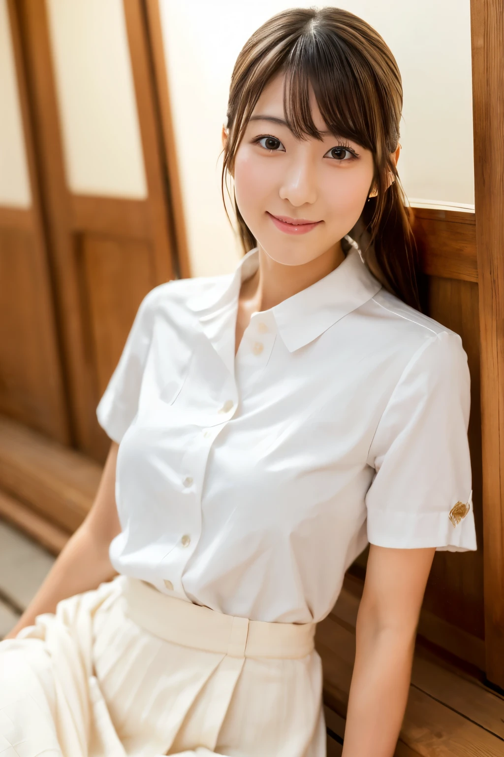 Masterpiece, high quality, high resolution, 8K, ((Skinny Japanese woman in a costume which consists of a short-sleeved white shirt and a light-brown long skirt)), beautiful face, natural makeup, detailed face, detailed eyes, a photo that feels endearing