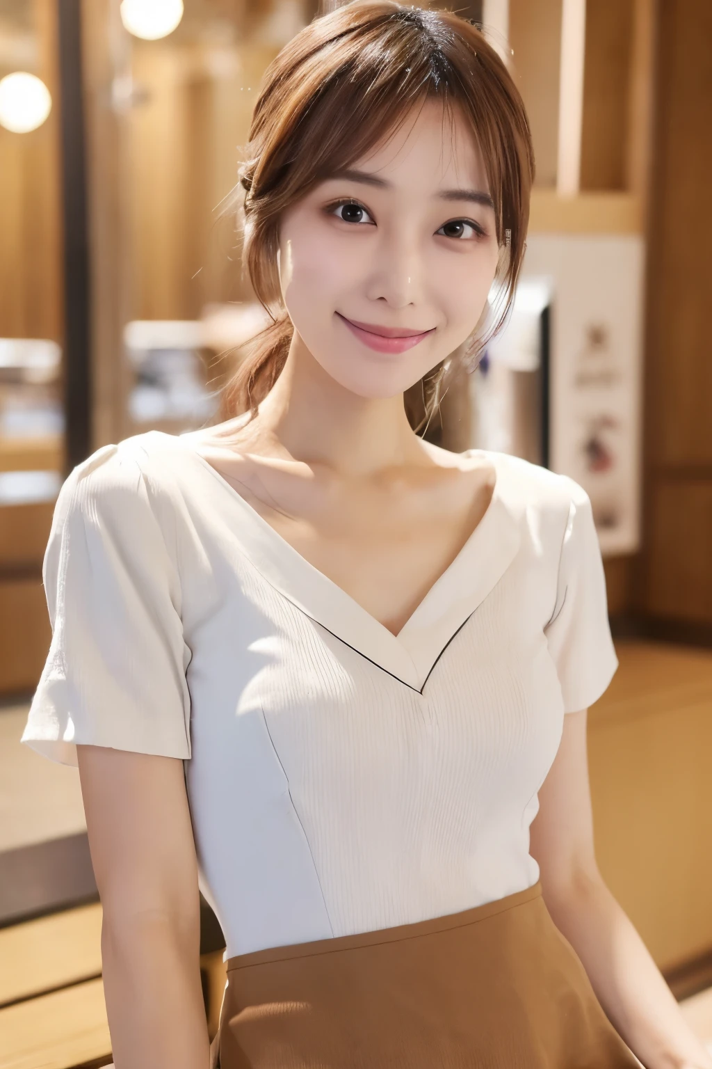 Masterpiece, high quality, high resolution, 8K, ((Skinny Japanese woman in a costume which consists of a short-sleeved white shirt and a light-brown long skirt)), beautiful face, natural makeup, detailed face, detailed eyes, a photo that feels endearing