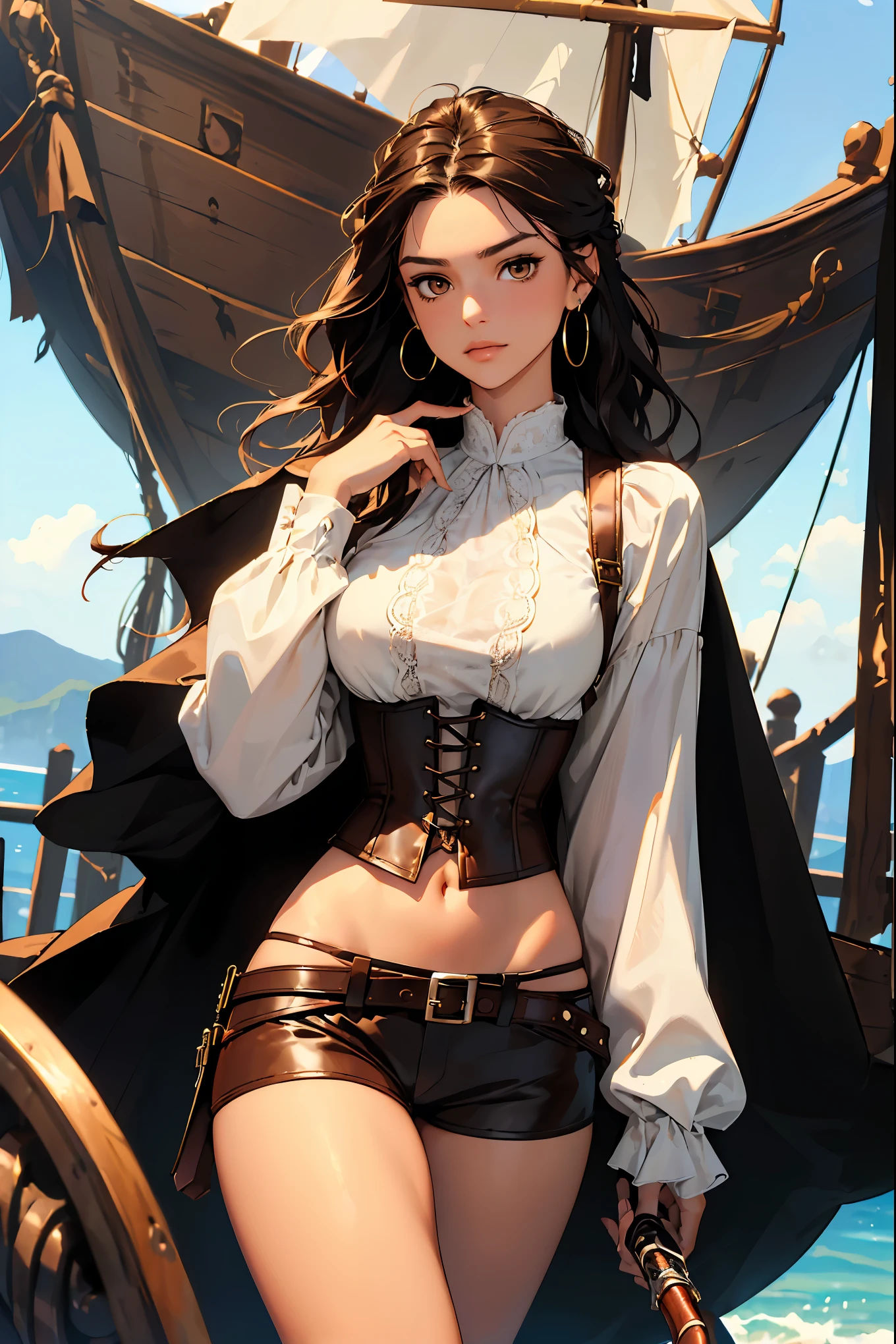 (masterpiece), best quality, expressive eyes, perfect face, (pirate ship background), (standing), (smirk), (closeup view), (1girl, selt, dark skin, tanned skin, black hair, wavy hairstyle, brown eyes, hourglass figure, thin body, skinny body, petite_body, medium breasts, thick thighs, long fingernails, brown plaid head wrap, white front lace blouse, long sleeve, loose fit, brown leather corset, brown leather shorts, brown boots, sheathed cutlass sword, flintlock pistol in holster, hoop earrings, miscellaneous jewelry)