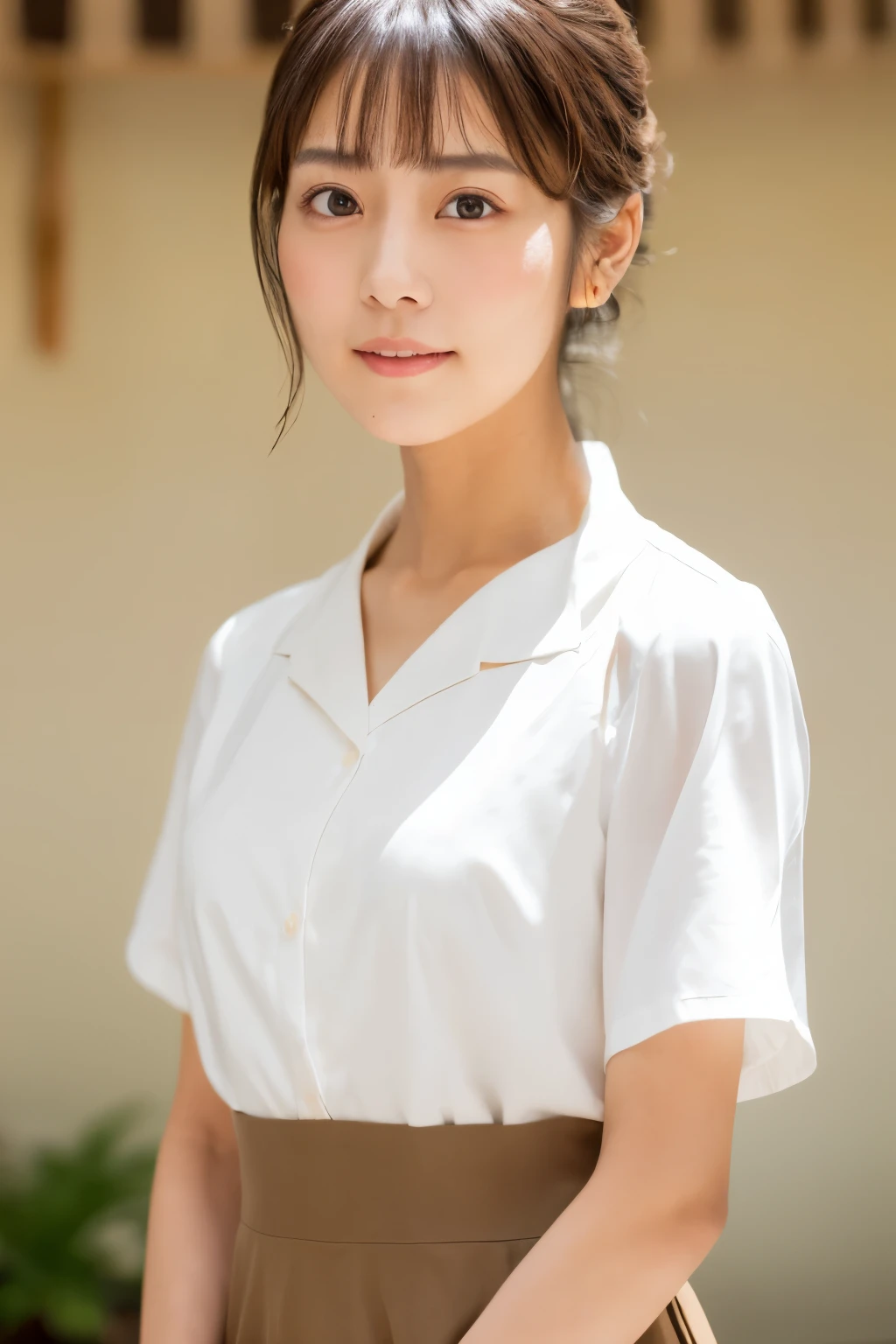 Masterpiece, high quality, high resolution, 8K, ((Skinny Japanese woman in a costume which consists of a short-sleeved white shirt and a light-brown long skirt)), beautiful face, natural makeup, detailed face, detailed eyes, a photo that feels endearing