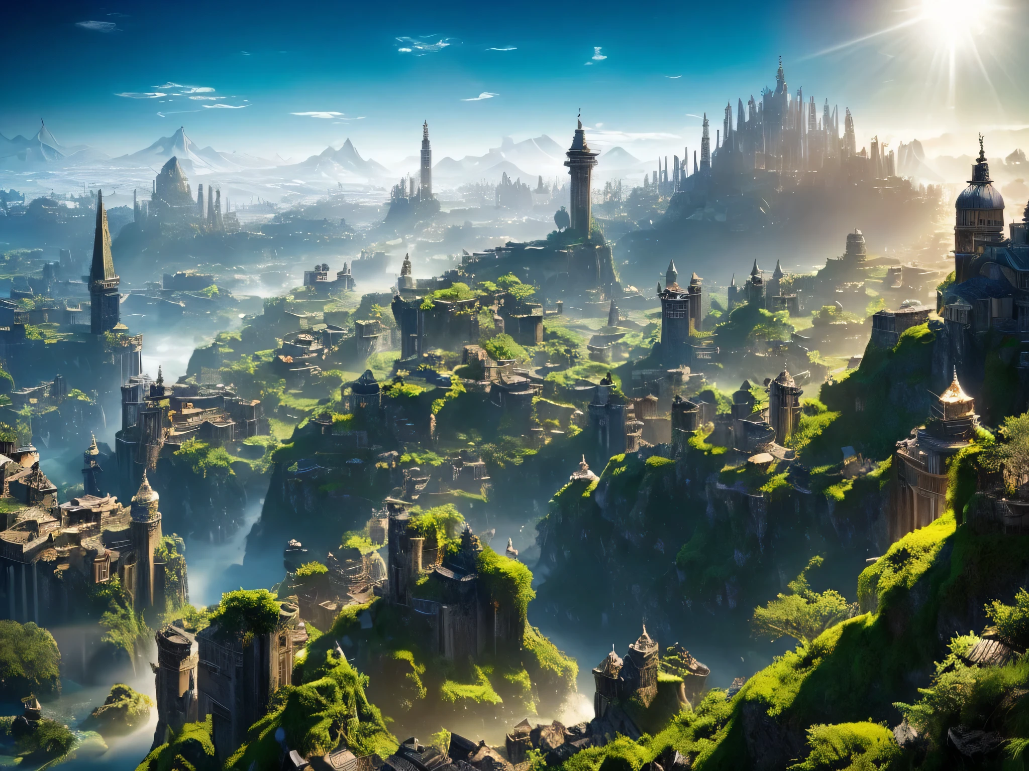 epic scenery "A Saga dos Reinos Divinos", the world is a mosaic of stunning and contrasting landscapes, where beauty and danger intertwine in an eternal dance between light and darkness.

Nos Reinos Celestiais, floating cities among golden clouds rise majestically against a deep blue sky. Towering towers and palaces shine like jewels set in a heavenly mantle, refletindo a luz do sol como prismas de pura luminosidade. Hanging gardens and crystal-clear fountains adorn the open spaces, enquanto os habitantes divinos percorrem ruas pavimentadas com ouro e prata.

Por outro lado, nos Reinos das Trevas, the landscape is dark and desolate. Barren lands stretch as far as the eye can see, pontuadas por rochas escarpadas e cavernas profundas. Ruined cities stand as silent witnesses to a dark age, its broken walls and crumbling towers echo the past of a fallen empire. A black fog hangs over the horizon, obscuring the sun and casting ominous shadows across the land.

Entre estes extremos, the Mortal Lands are a mosaic of diverse scenarios. Lush green plains stretch as far as the eye can see, salpicadas por florestas exuberantes e rios caudalosos. Majestic mountains stand like imposing guardians, suas cristas cobertas de neve reluzindo sob a luz da lua. Bustling cities and peaceful villages pulse with life and activity, while the mortal inhabitants go about their daily lives, inconscientes das intrigas que se desenrolam nos reinos divinos.
