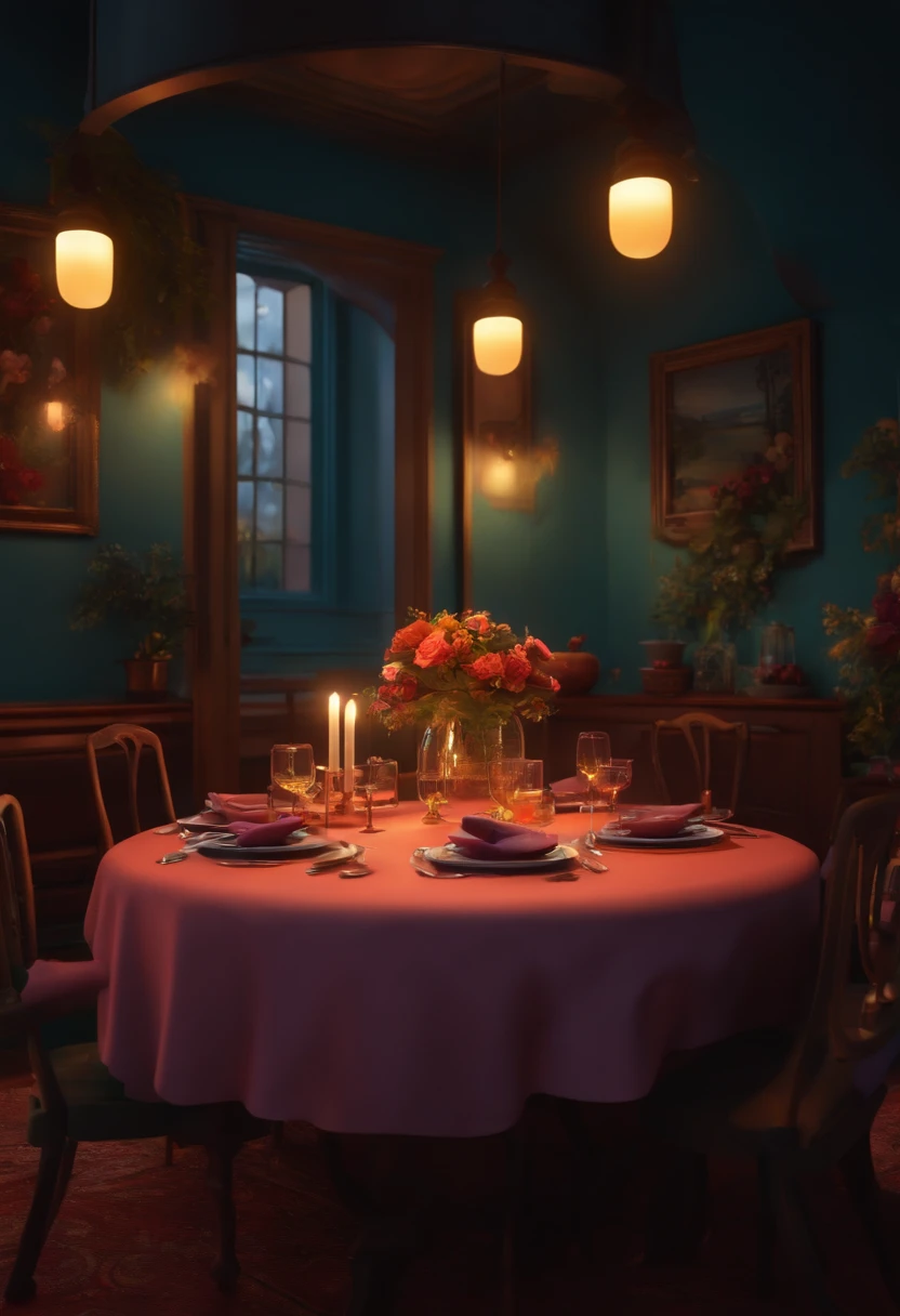 A very romantic Pixar 3D style dinner table scene in person perspective