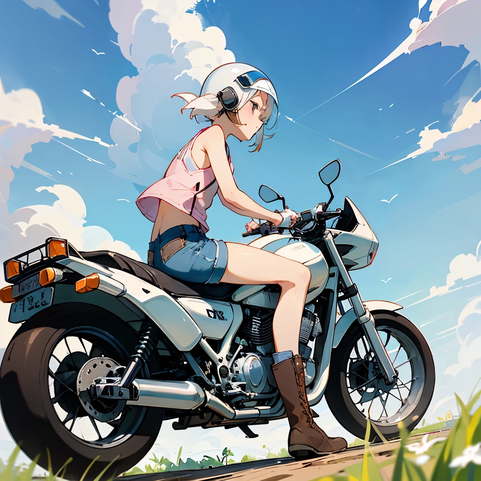 Highest quality、A girl is riding a white Super Cub、Dark brown short cut、(He is wearing a jet helmet with white and black lines running down the center of the helmet from front to back.、White tank top、Pink jacket、Denim shorts、White knee-high socks、Brown work boots:1.3)、Japanese countryside scenery、Road beside the stream、Small creek、Dirt Road、Weeds grow along the side of the road、Blue sky、White clouds floating、Early summer sky、