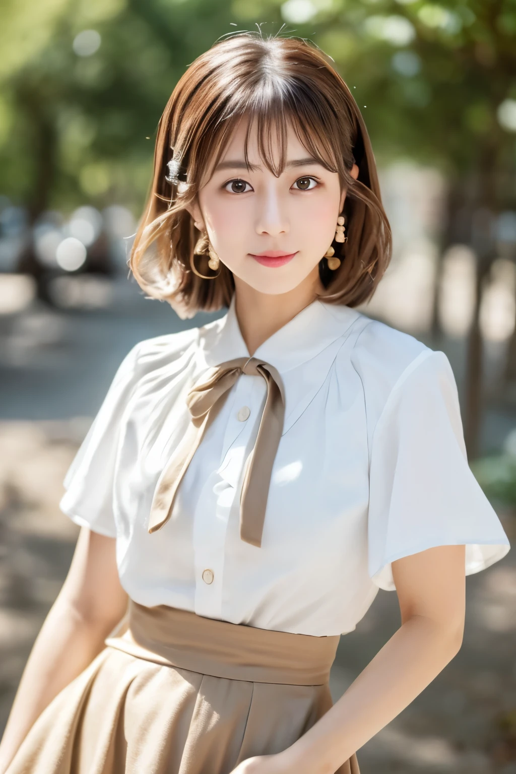 Masterpiece, high quality, high resolution, 8K, ((Japanese woman in a costume which consists of a short-sleeved white shirt and a light-brown long skirt)), beautiful face, natural makeup, detailed face, detailed eyes, a photo that feels endearing