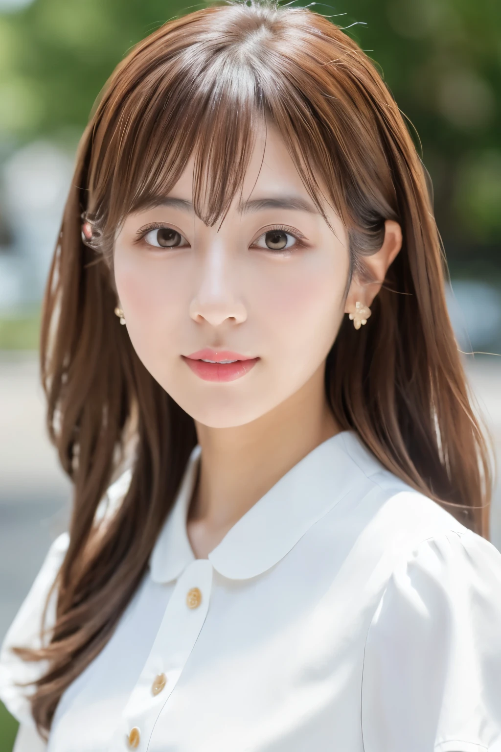 Masterpiece, high quality, high resolution, 8K, ((Japanese woman in a costume which consists of a short-sleeved white shirt and a light-brown long skirt)), beautiful face, natural makeup, detailed face, detailed eyes, a photo that feels endearing