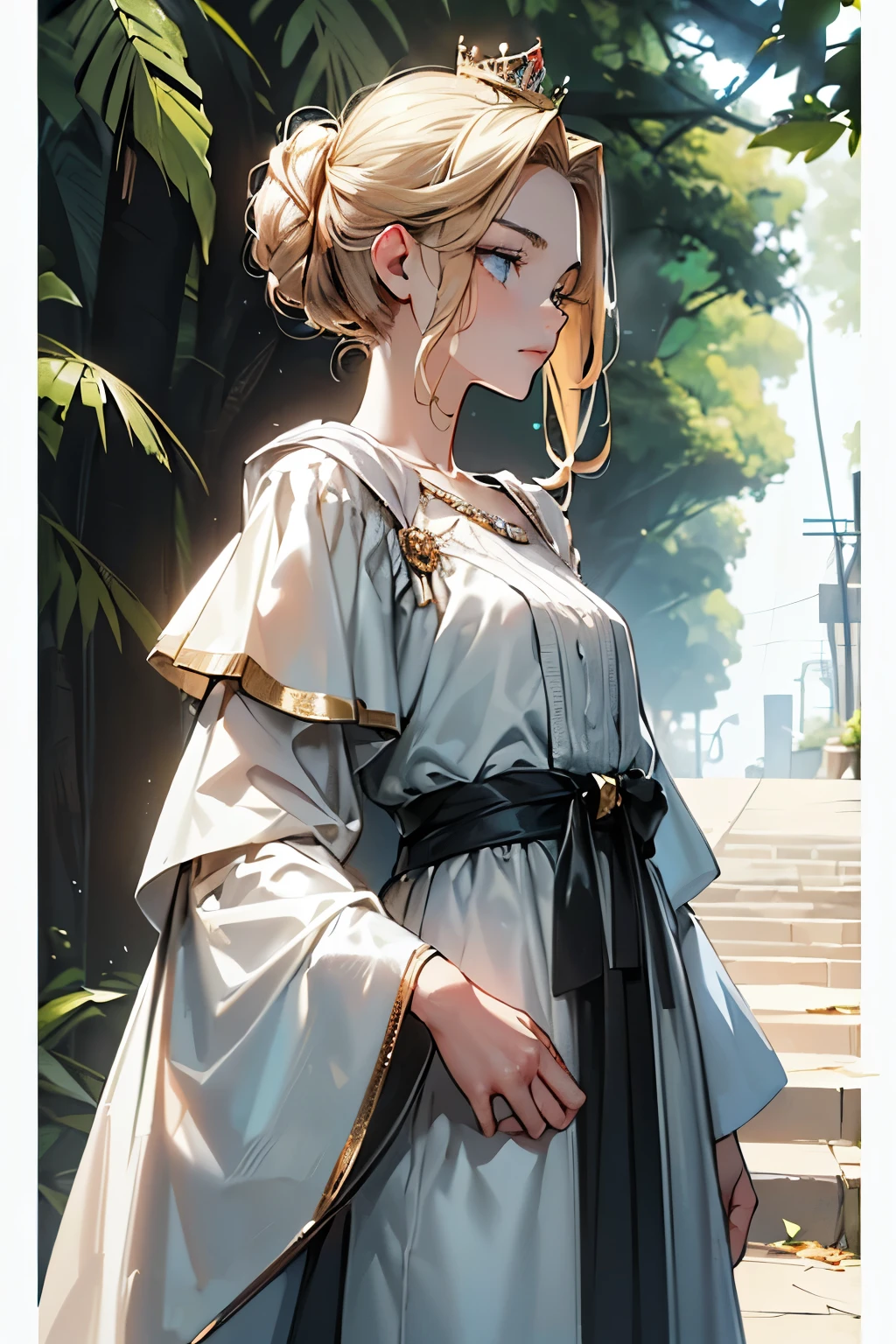 best quality, high resolution, very detailed, masterpiece, best quality, different, most detailed, shining eyes, detailed eyes , perfect face, (((head shot:1.5, looking away))), (((Standing to the side:1.5))), woman, aristocratic, elegant, ((singlebunhairstyle:1.0)), wearing a small crown