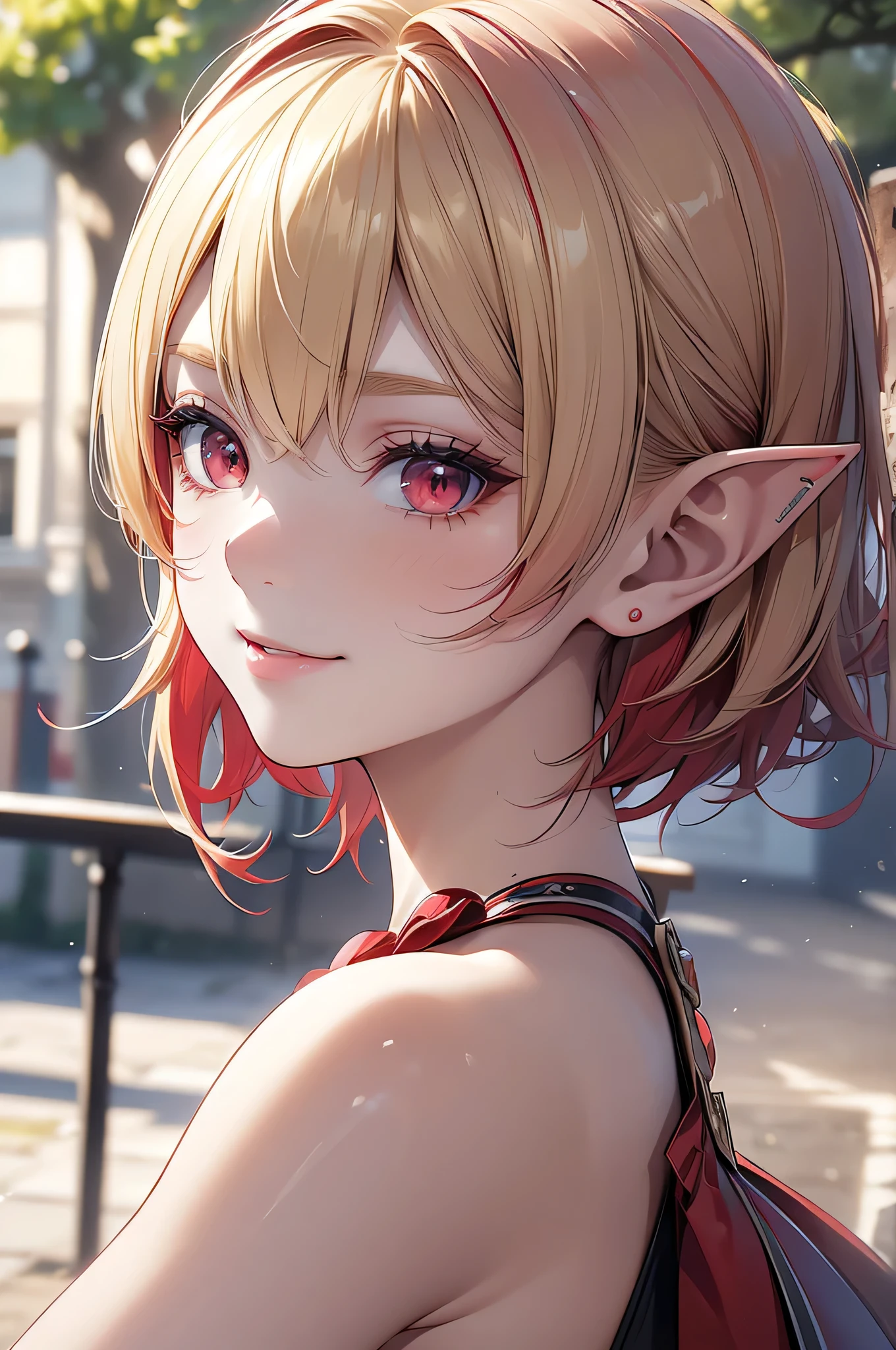 absurdres, (8k, RAW photo, best quality), masterpiece, hyper detailed, perfection, best quality, photo-realistic, (((1girl:1.2))), (((blond girl))), (((solo:1.2))), elf, elf ears, (((blond shortcut hair))), (((burgundy hair ends))), (((scarlet red eyes))), (slanted red eyes, tsurime), blond eyebrows, (portrait:1.34), face shot, full-length:1.5, (((fashion model pose))), at schoolyard, daylight, amazing shadow, close-up, (evil smile), (((face close-up)))