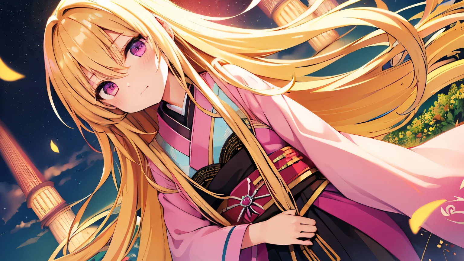 　1 Girl, Blonde, Pink Eyes, Very long hair, long sleEve, ((masterpiece)), (highest quality), Eve,  (whole body), Night Grassland，Overall details, kimono