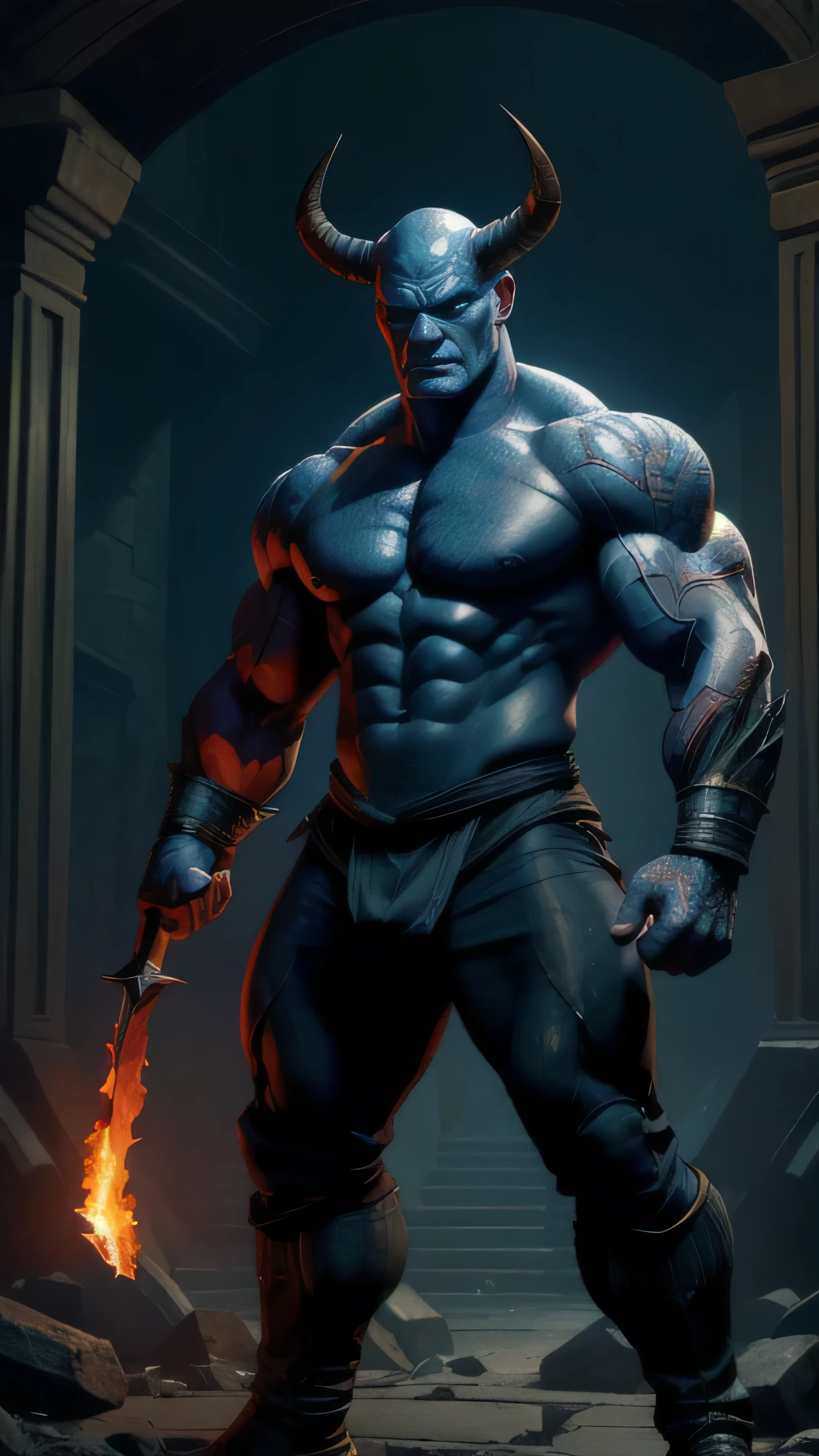 ((Derek Mears)) as Moloch from Mortal Kombat, hulking and muscular frame, (dark blue skin), small sharp horns, jagged pointed teeth, fiery glowing eyes, tattered primitive clothing, (holds rocky ball), 1man, solo, full body view, front view, looking at viewer, intricate, high detail, sharp focus, dramatic, photorealistic painting art by greg rutkowski