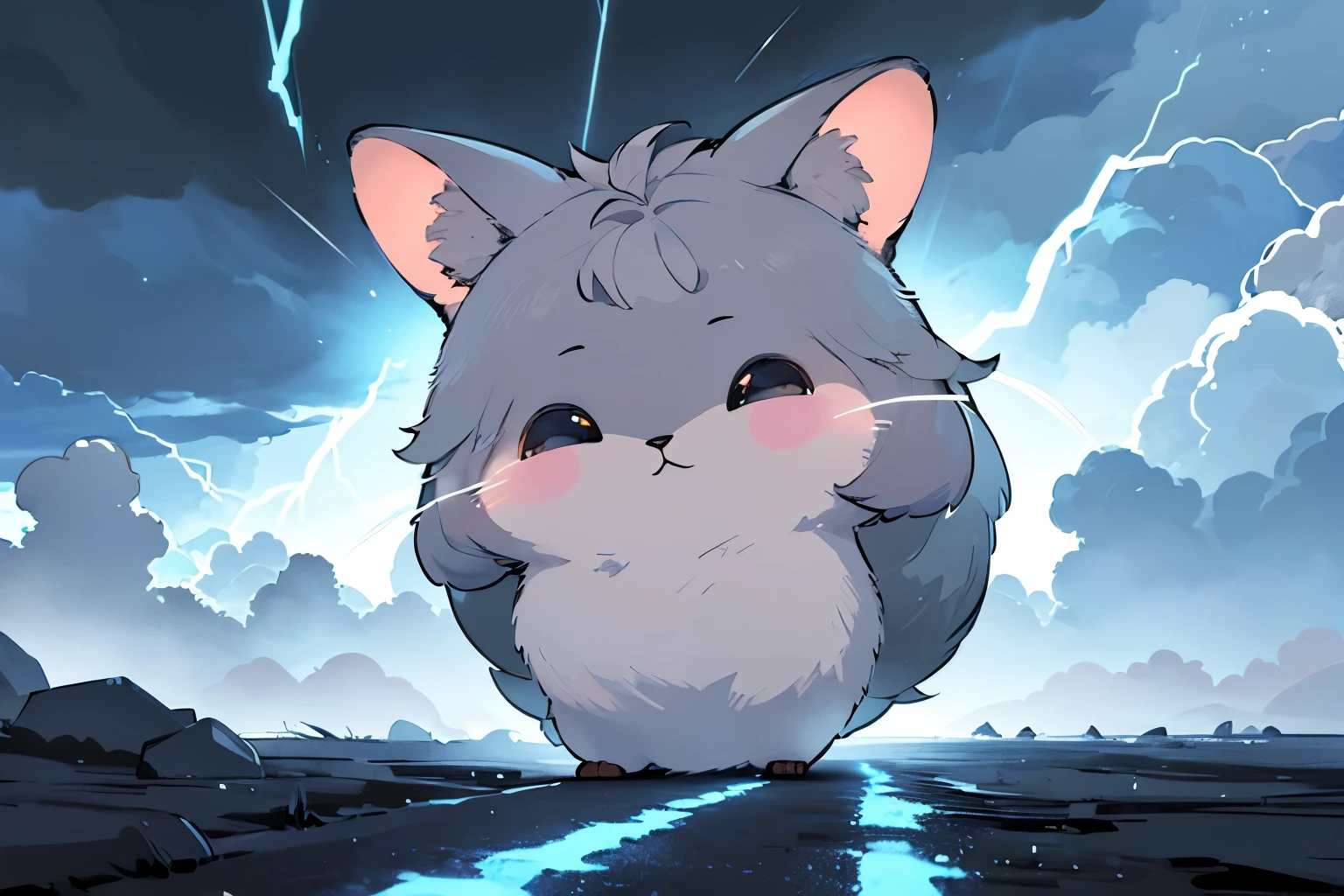 Draw an adorable chinchilla crafted from lightning, set against a backdrop of a raging storm. Highlight the chinchilla's electrified form, with bolts of lightning emanating from its fluffy body. Emphasize the stormy atmosphere, portraying dark clouds and flashes of lightning in the background. Capture the chinchilla's playful demeanor amidst the electrifying energy, creating a scene that blends cuteness with the power of nature's fury.