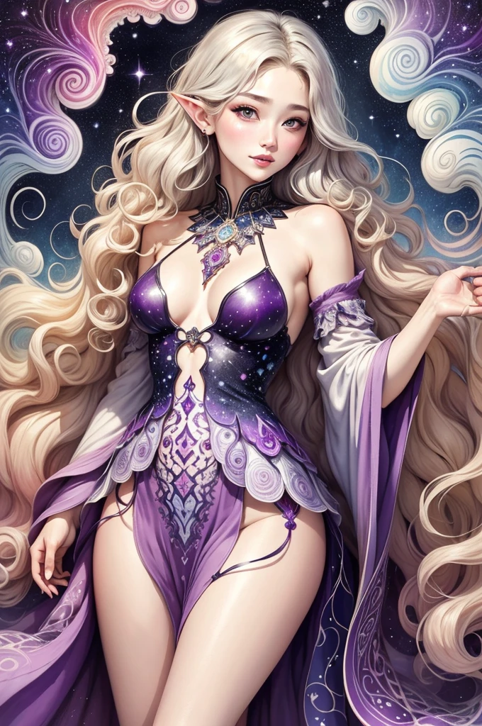 (masterpiece、top quality、top quality、watercolor painting(curly)、official art、beautiful:1.2)、(1 girl in:1.3)、(Fractal art:1.3)、upper part of body、View from the side、looking at the audience、pattern、(Colored hair、half blonde，Half of the hair is silver:1.2)、water、Milky Way：1.37，liquid、Cloud、Very colorful、starry sky、stele、tarot cards，Elf，lipstick，ruddy complexion，purple eyes，dream：1.37
