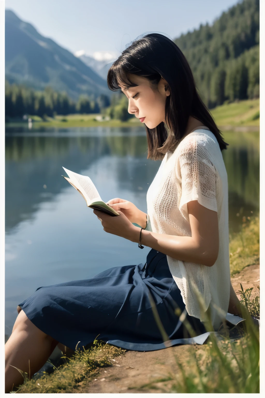 A woman reading by a quiet lake
