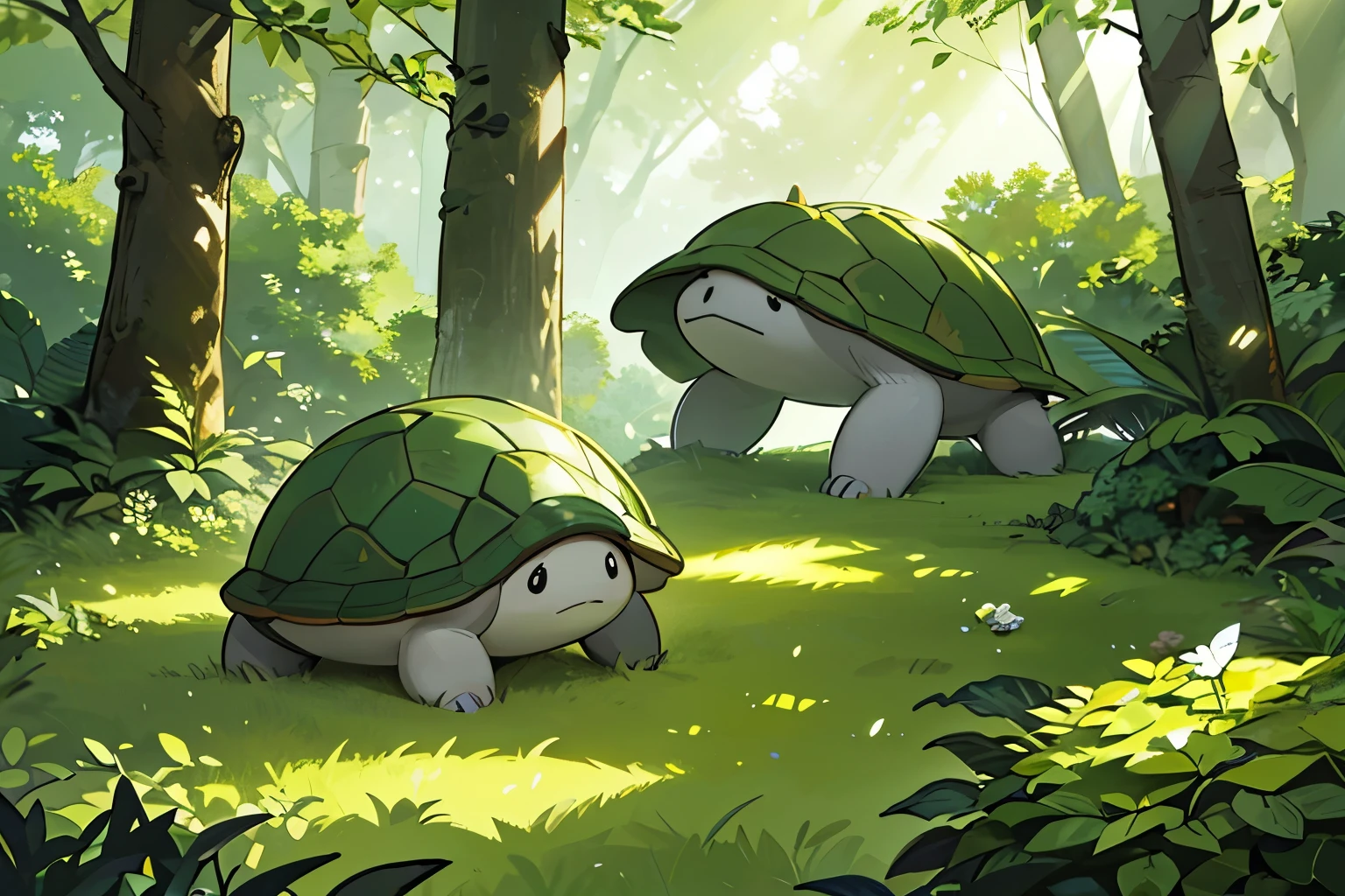 Illustrate an adorable bipedal turtle crafted entirely from stone, nestled within a lush forest environment. Showcase the turtle's endearing features, from its gentle expression to its rounded form, all sculpted from smooth stone. Emphasize the forest surroundings, depicting towering trees, vibrant foliage, and dappled sunlight filtering through the canopy. Capture the charm of this stone-crafted creature as it explores its woodland habitat, exuding a sense of innocence and wonder. Create a scene that celebrates the fusion of nature's beauty with the whimsy of a lovable forest-dwelling monster.