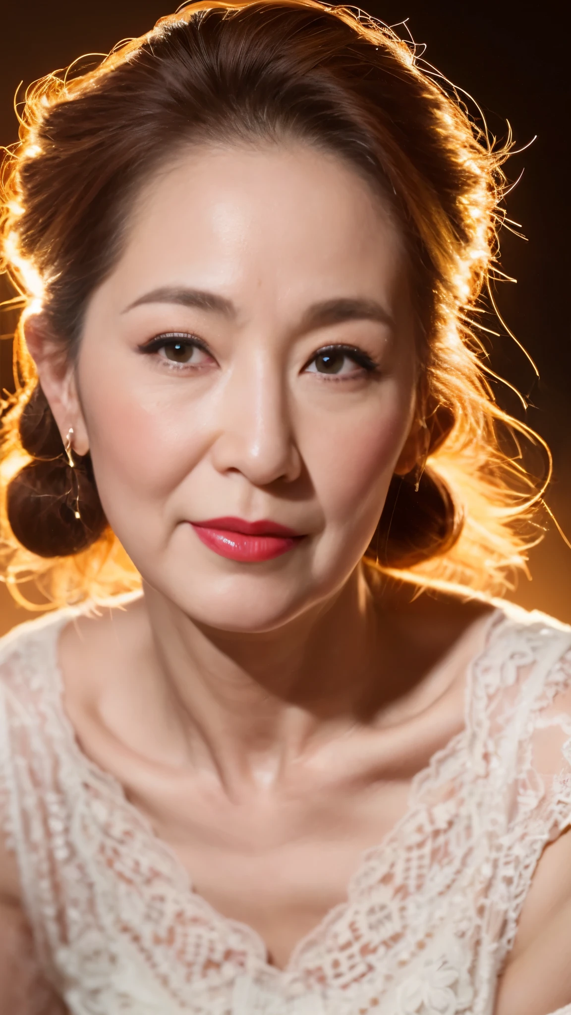 Masterpiece, Ultra HD, Ultra high definition, Perfect skin depiction, Perfect depiction of the human body, Perfect lip drawing, Perfect ear depiction, Natural Hairstyle, Solo, Japanese, senior citizen, Mature Woman, beautiful, erotic, Red lips, Flashy makeup, White skin, looking at the camera, Looking into the camera, Close-up of face, 