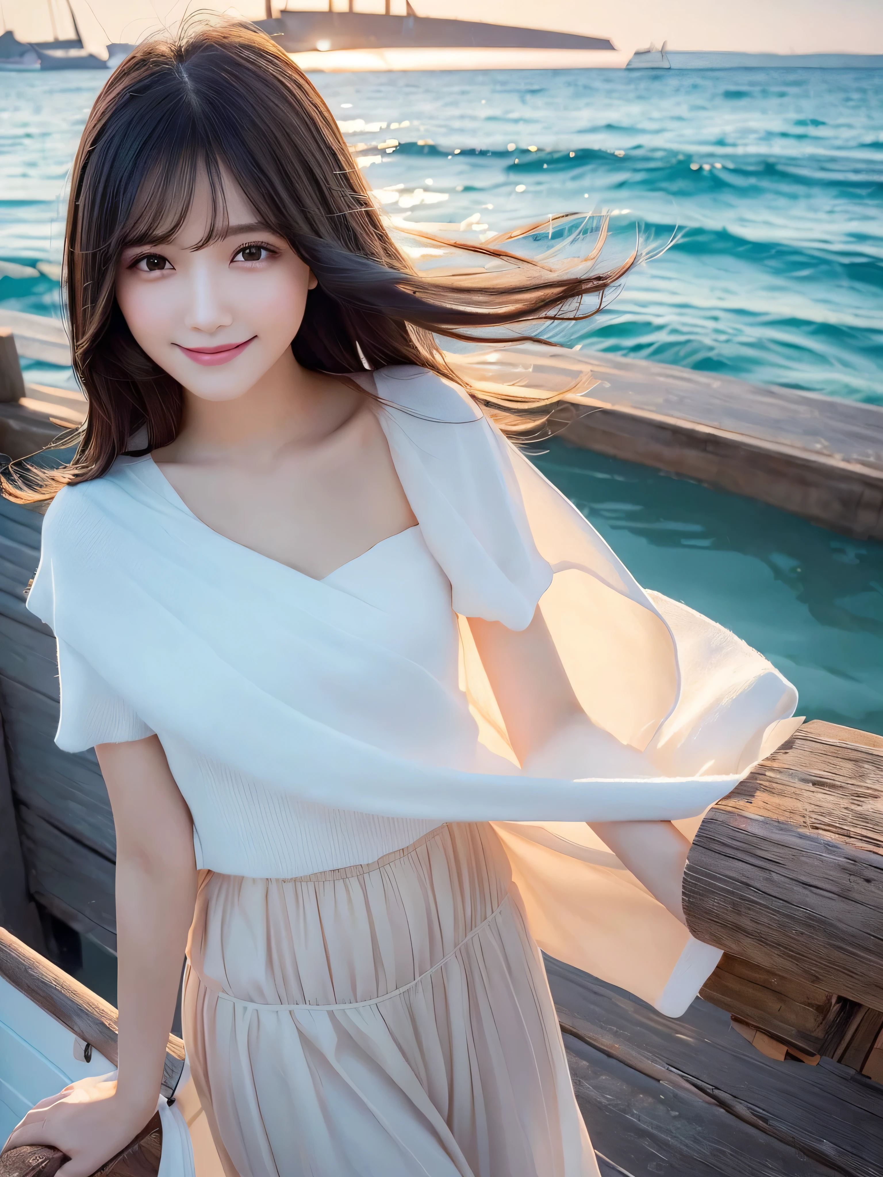 (cute beautiful , soft warm tone colors digital painting with light gradations, soft focus, best dynamic angle, sunrise backlight effects, high aesthetic, best quality, masterpiece, extremely detailed:1.2), (SFW), BREAK, girl has healthy skin and pretty smiling beauty neat face and glossy lips and silky bobbed softy black hair and glamor feminine body and there with extremely details and beautiful and charming and silhouette, standing on port, , port with sea side and some boats, early morning and breaking dawn with sunrise sky, blown wind
