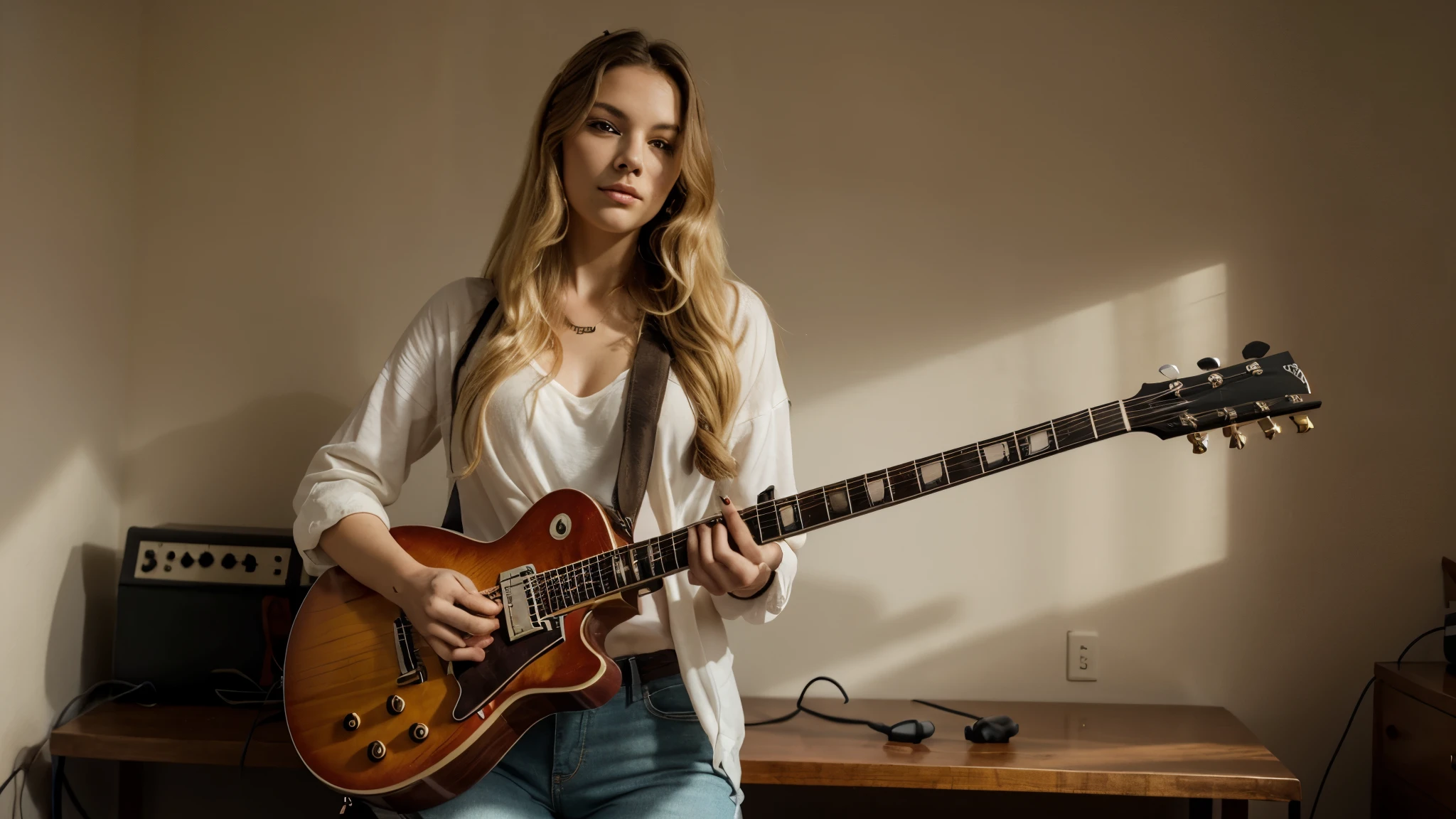 Woman with long hair, A woman with wavy blonde hair holds a Gibson SG guitar in her arms, The carving depicts a dragon's head rising from a background of flames.. The scene's sunset paint palette is、It consists of a yellow flame body and an orange black handle, Create interesting contrasts. The dragon head on the top of the guitar、Carefully carved with blue flames and intricate designs in red and blue。, Add an attractive touch to your images. Women's enthusiasm and focus、This is reflected in her expressive gaze.。, As if about to play a captivating melody, Gives off an aura of mystery and magic. She is wearing casual clothes, Revealed half naked