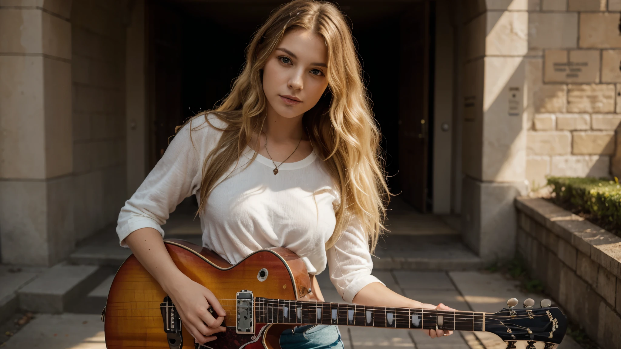 Woman with long hair, A woman with wavy blonde hair holds a Gibson SG guitar in her arms, The carving depicts a dragon's head rising from a background of flames.. The scene's sunset paint palette is、It consists of a yellow flame body and an orange black handle, Create interesting contrasts. The dragon head on the top of the guitar、Carefully carved with blue flames and intricate designs in red and blue。, Add an attractive touch to your images. Women's enthusiasm and focus、This is reflected in her expressive gaze.。, As if about to play a captivating melody, Gives off an aura of mystery and magic. She is wearing casual clothes, Revealed half naked