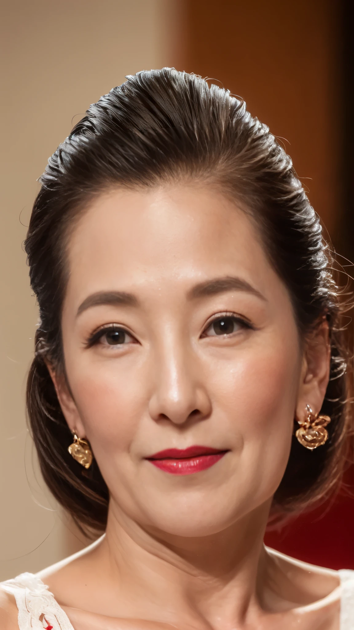 Masterpiece, Ultra HD, Ultra high definition, Perfect skin depiction, Perfect depiction of the human body, Perfect lip drawing, Perfect ear depiction, Natural Hairstyle, Solo, Japanese, senior citizen, Mature Woman, beautiful, erotic, Red lips, Flashy makeup, White skin, looking at the camera, Looking into the camera, Close-up of face, 