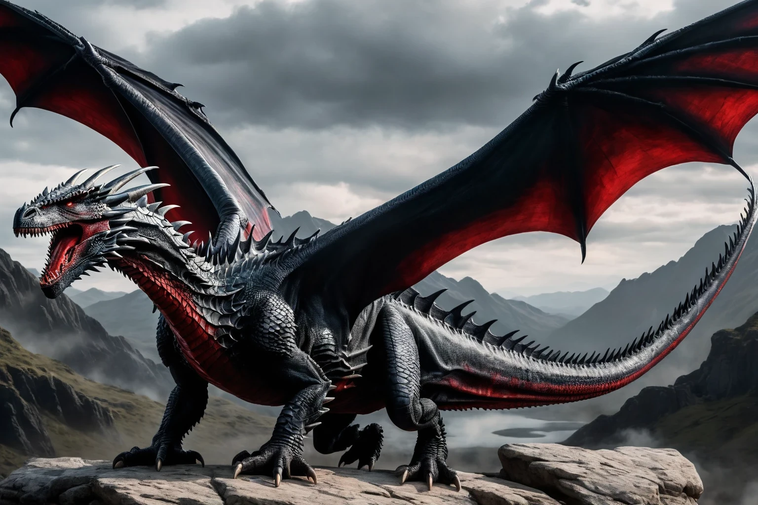 Center Full body shot, best quality, realistic. Drogon is the largest of Targaryen's dragons. His black scales are slashed with streaks of vivid scarlet red. His horns and wings are also scarlet red, and his eyes are red as coals. As typical of dragons, his teeth are black. His flame is black fire shot with red. The span of his wings is three times the length of his body, and most of his body appears to be neck, tail, and wing.