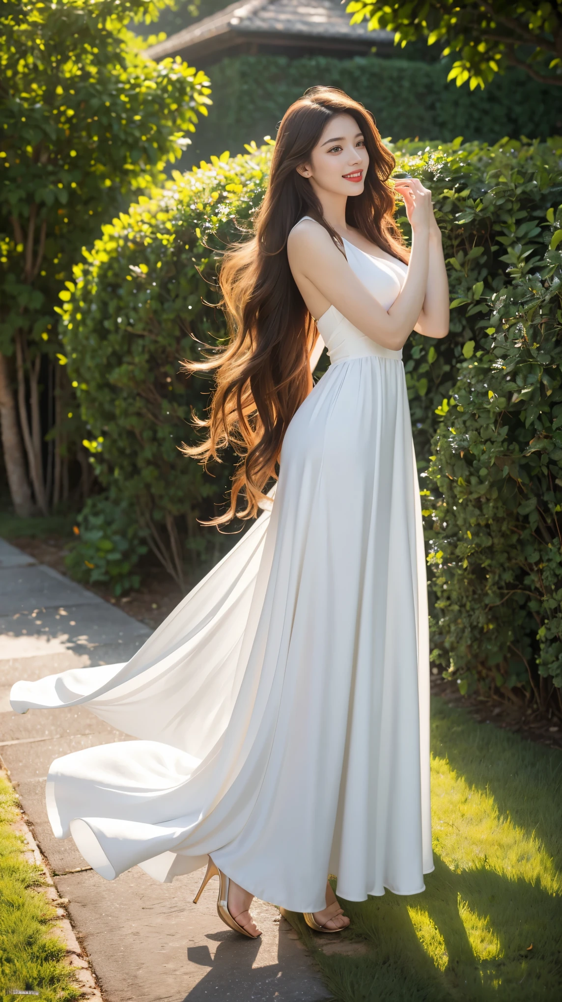 best quality,masterpiece,Ultra-high resolution,(Practical:1.4),original photo,Ultra-high resolution,8k,There are women,White skin,Exquisite makeup,big wavy red lips,very long dress,High heel,Long legs,Bright and beautiful、Long and straight hair_hair down to waist,Shy laugh,light,Tyndall effect,outdoor,cloud