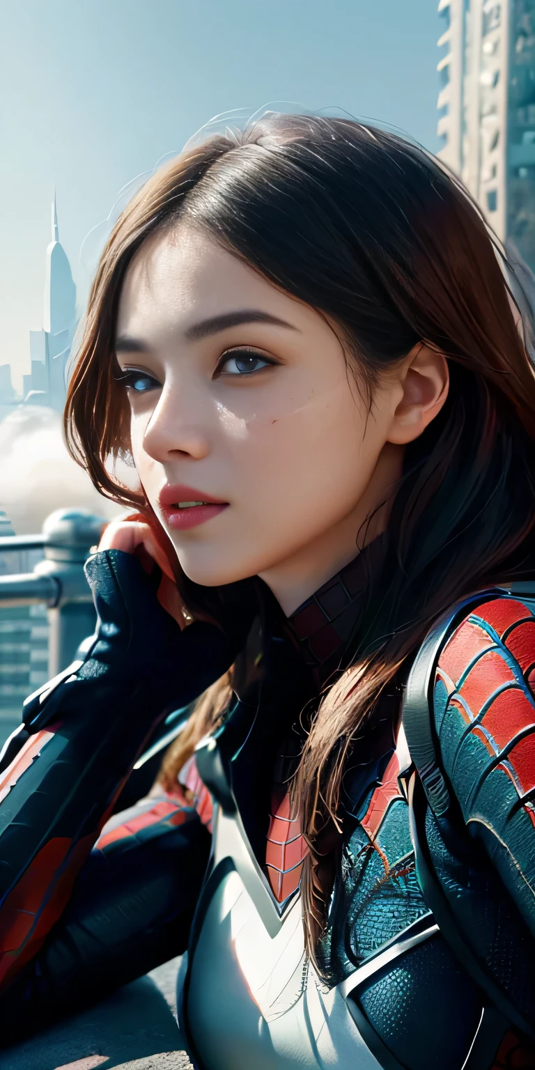(1girl:1.3), Solo, (((Very detailed face)))), ((Very detailed eyes and face)))), Beautiful detail eyes, Body parts__, Official art, Unified 8k wallpaper, Super detailed, beautiful and beautiful, beautiful, masterpiece, best quality, original, masterpiece, super fine photo, best quality, super high resolution, realistic realism, sunlight, full body portrait, amazing beauty, dynamic pose, delicate face, vibrant eyes, (from the front), She wears Spider-Man suit, red and black color scheme, spider, very detailed city roof background, rooftop, overlooking the city, detailed face, detailed complex busy background, messy, gorgeous, milky white, highly detailed skin, realistic skin details, visible pores, clear focus, volumetric fog, 8k uhd, DSLR, high quality, film grain, fair skin, photo realism, lomography, futuristic dystopian megalopolis, translucent