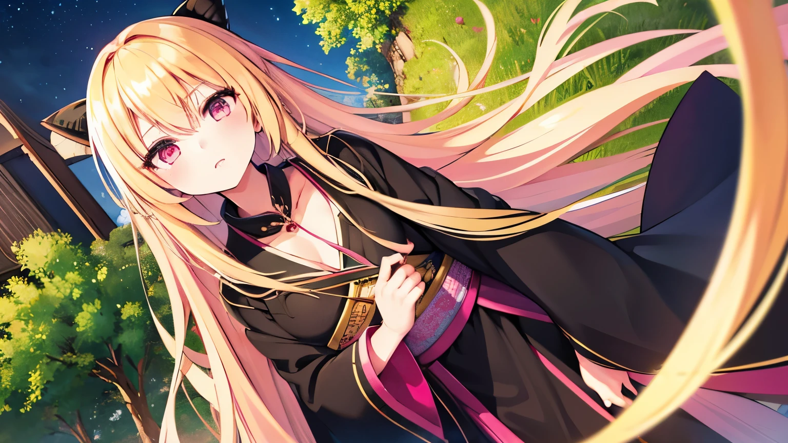 1 Girl, Blonde, Pink Eyes, Very long hair, long sleEve, ((masterpiece)), (highest quality), Eve, (whole body), Night Grassland,Overall details, kimono,Playing a whistle